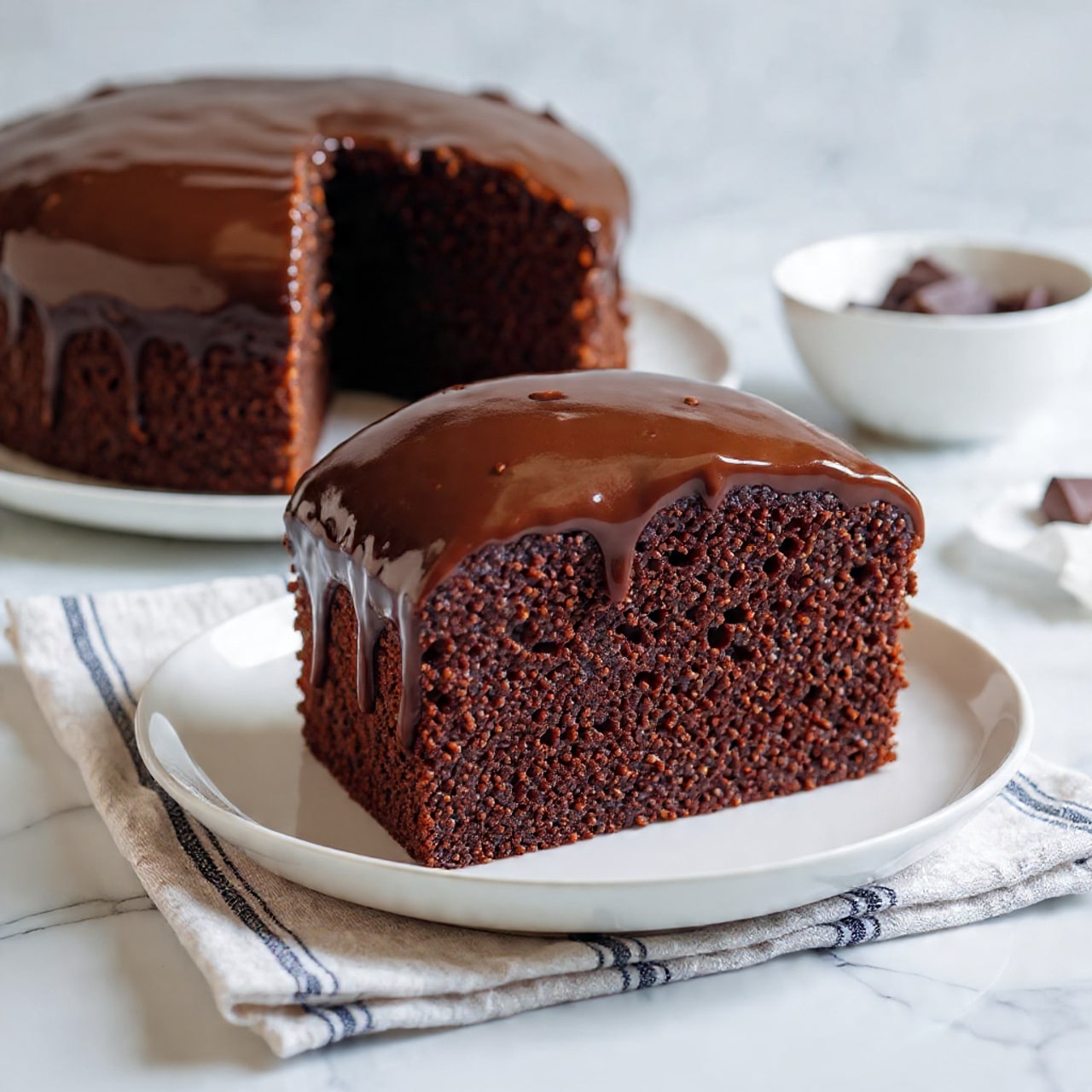 The image shows a chocolate cake loaf on a white rectangular plate placed on a white marbled surface. The cake has two layers: the top layer is a smooth, shiny dark chocolate glaze covering the whole loaf, and the bottom layer is the dark, rich, and moist chocolate cake itself. Two thick slices of the cake are placed upright at the back of the loaf, showing the dense, moist texture inside, which is very dark brown and almost black in color. To the side, there is a white jug with some chocolate sauce dribbling down its edge. The chocolate glaze on the loaf has a glossy texture with slight wrinkles and reflections, making it look fresh and inviting. photo taken with an iphone --ar 4:5 --v 7