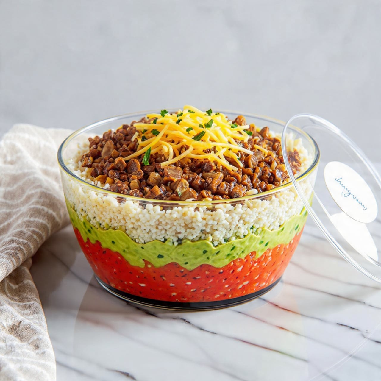 A clear round dish with a partially lifted clear lid showing a seven-layer dip inside. The bottom layer is bright red, likely tomatoes, followed by a layer of green, possibly chopped peppers or herbs. Above that is a layer of grated light yellow and white, resembling vegan cheese. On top, there is a layer of finely chopped black olives mixed with finely chopped green herbs scattered over it. The dish is set on a white marbled surface beside a beige cloth. The clear lid has a white label with handwriting. Photo taken with an iphone --ar 4:5 --v 7