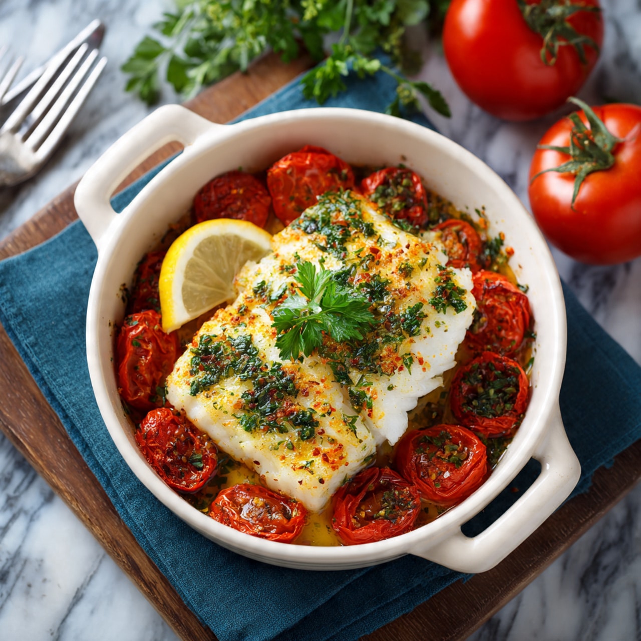 A white round dish with handles holds a cooked fish fillet that is white with a golden-brown edge and sprinkled with chopped green herbs on top; the fish rests on roasted red cherry tomato halves surrounding the fillet; a green parsley sprig is placed in the center of the fish, and a lemon wedge sits near the edge of the dish; the dish is placed on a wooden board over a dark blue cloth, with two whole tomatoes and a green herb sprig in the background on a white marbled surface; a fork and knife are on the left side of the cloth near the dish photo taken with an iphone --ar 4:5 --v 7