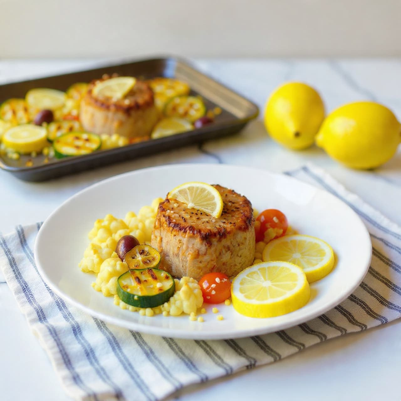 A white plate holds a piece of cooked chicken with golden brown skin, topped with a thin lemon wedge. Below and around the chicken are small roasted cauliflower pieces, green and purple olives, and slices of cooked zucchini and red bell pepper, all showing soft textures and warm colors. The plate sits on a white marbled surface with a striped cloth partly visible underneath. In the blurred background, more chicken pieces with similar vegetables and lemon wedges rest on a baking tray, alongside two whole lemons. The image is bright and clear, focused on the food in the front. photo taken with an iphone --ar 4:5 --v 7