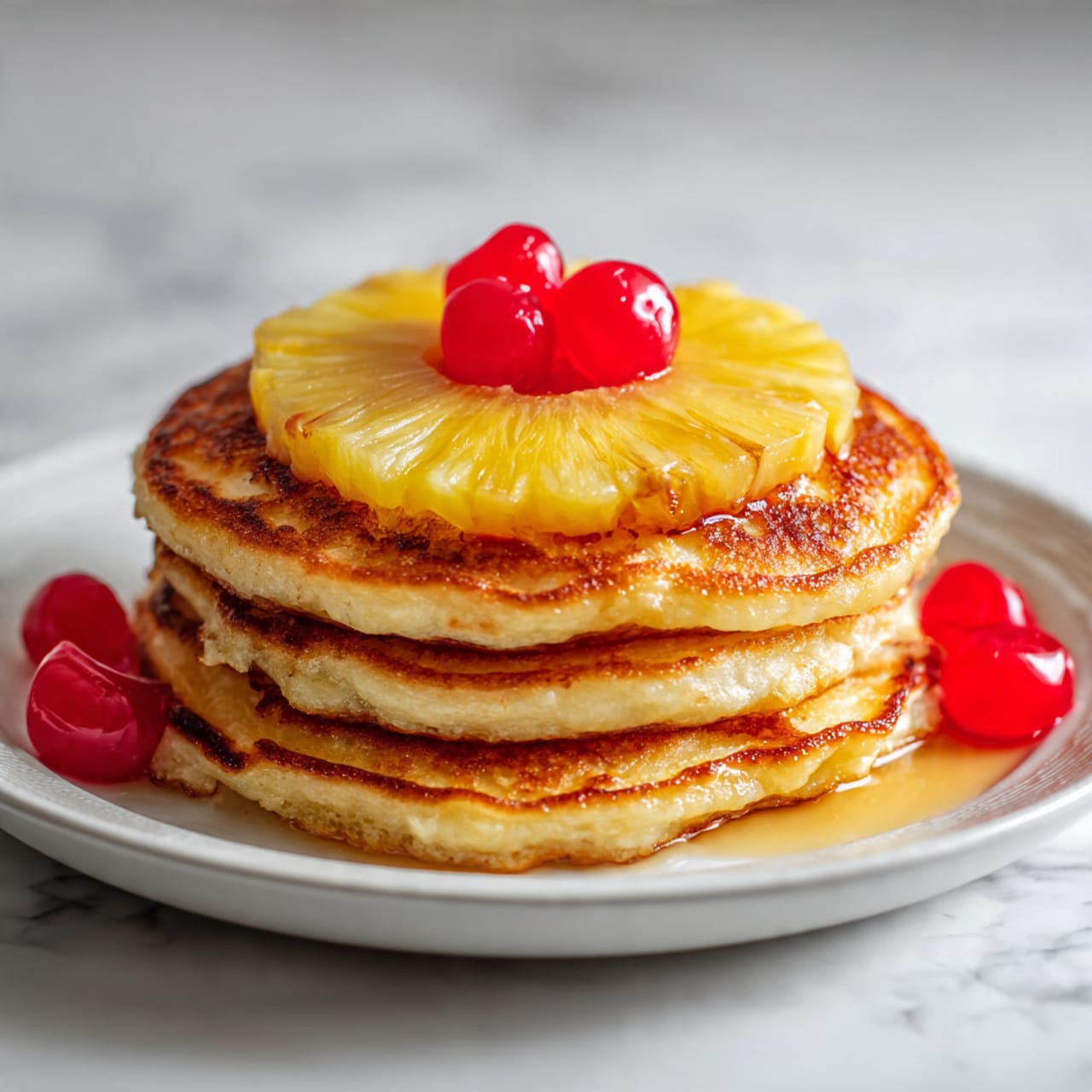 Three golden brown pancakes are stacked on a white plate. Each pancake has a round slice of pineapple baked into the center with a bright red cherry in the middle of the pineapple slice. The edges of the pancakes are slightly crispy and uneven. The plate rests on a white marbled surface with soft natural light highlighting the texture of the pancakes and the shiny red cherries. photo taken with an iphone --ar 4:5 --v 7