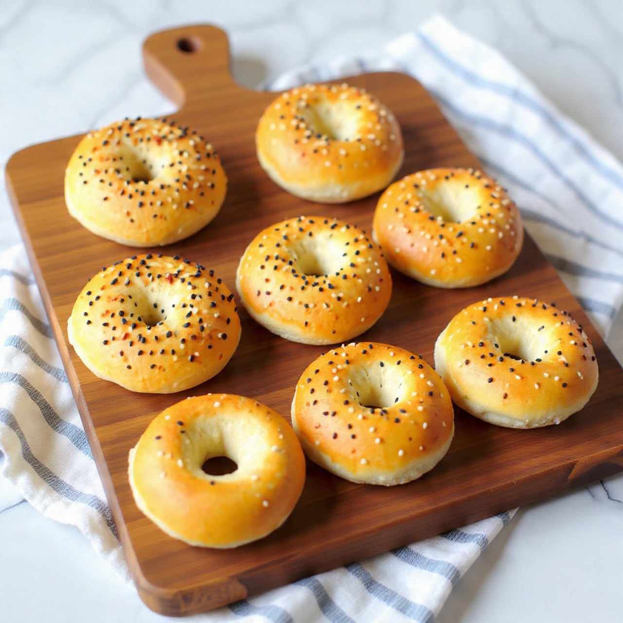A wooden board on a white marbled texture holds six round bagels with a light golden crust. Each bagel has a rough, soft texture and a central hole, topped evenly with black sesame seeds and white sesame seeds scattered across their surface. The edges are slightly browned, giving a fresh baked look. The board rests on a folded cloth with blue, white, and beige stripes that add soft color to the setting. Photo taken with an iphone --ar 4:5 --v 7