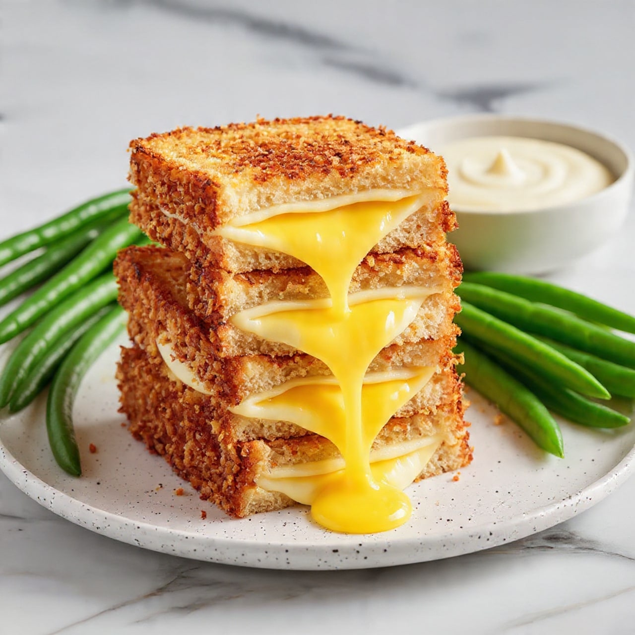 The image shows a white speckled plate on a white marbled surface holding three crispy golden-brown breaded patties. One patty is stacked on top with a piece cut to show two layers: a light beige outer breadcrumb crust and a white inner layer filled with creamy yellow melted cheese oozing slightly. Next to the patties are bright green fresh green beans with a smooth texture. A small white bowl filled with creamy light beige dipping sauce sits at the plate’s edge on the right side. The lighting highlights the crunchy texture of the patties and the fresh shine of the green beans. Photo taken with an iphone --ar 4:5 --v 7