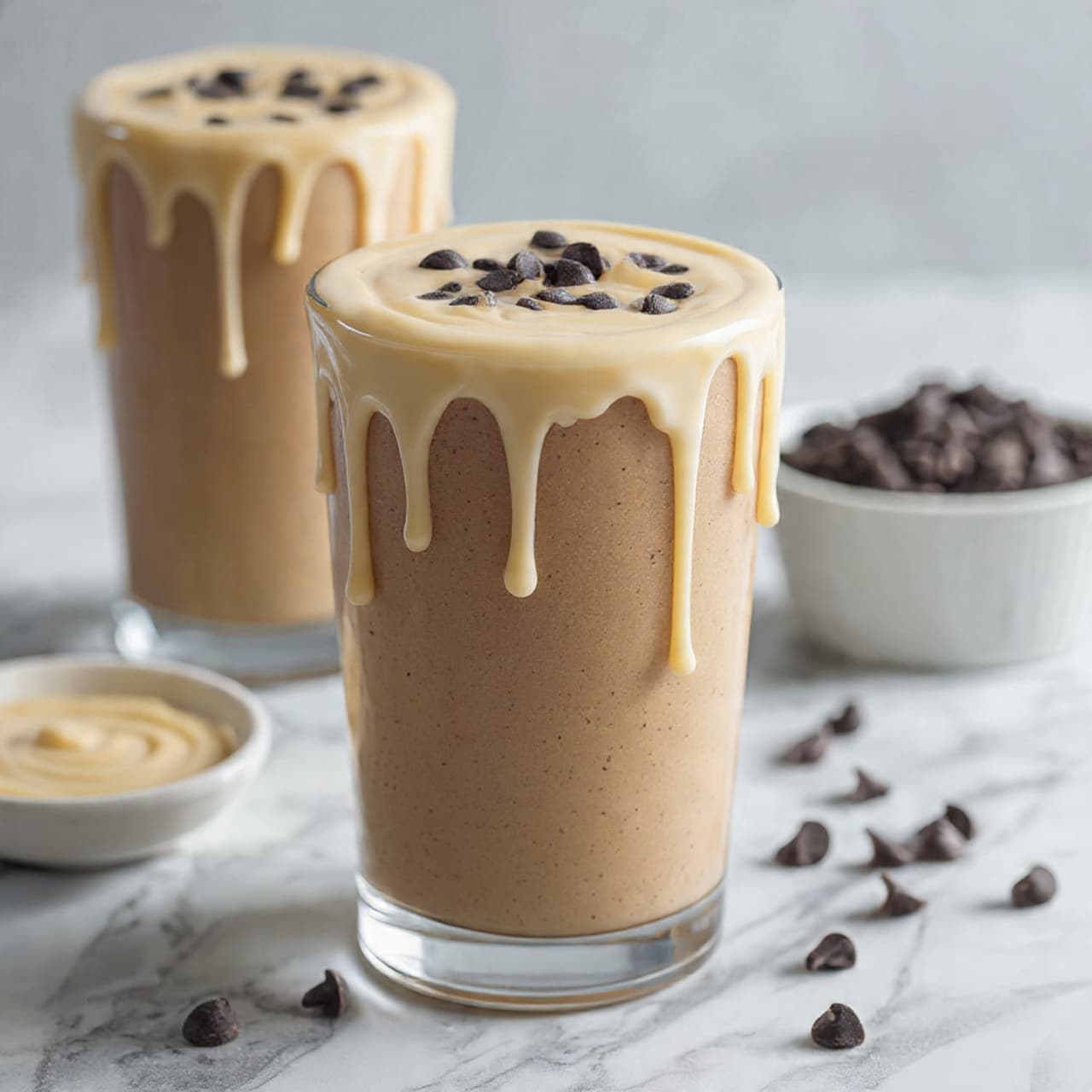 A clear plastic blender jar filled with a light brown frothy liquid, showing tiny bubbles on the surface. The jar has