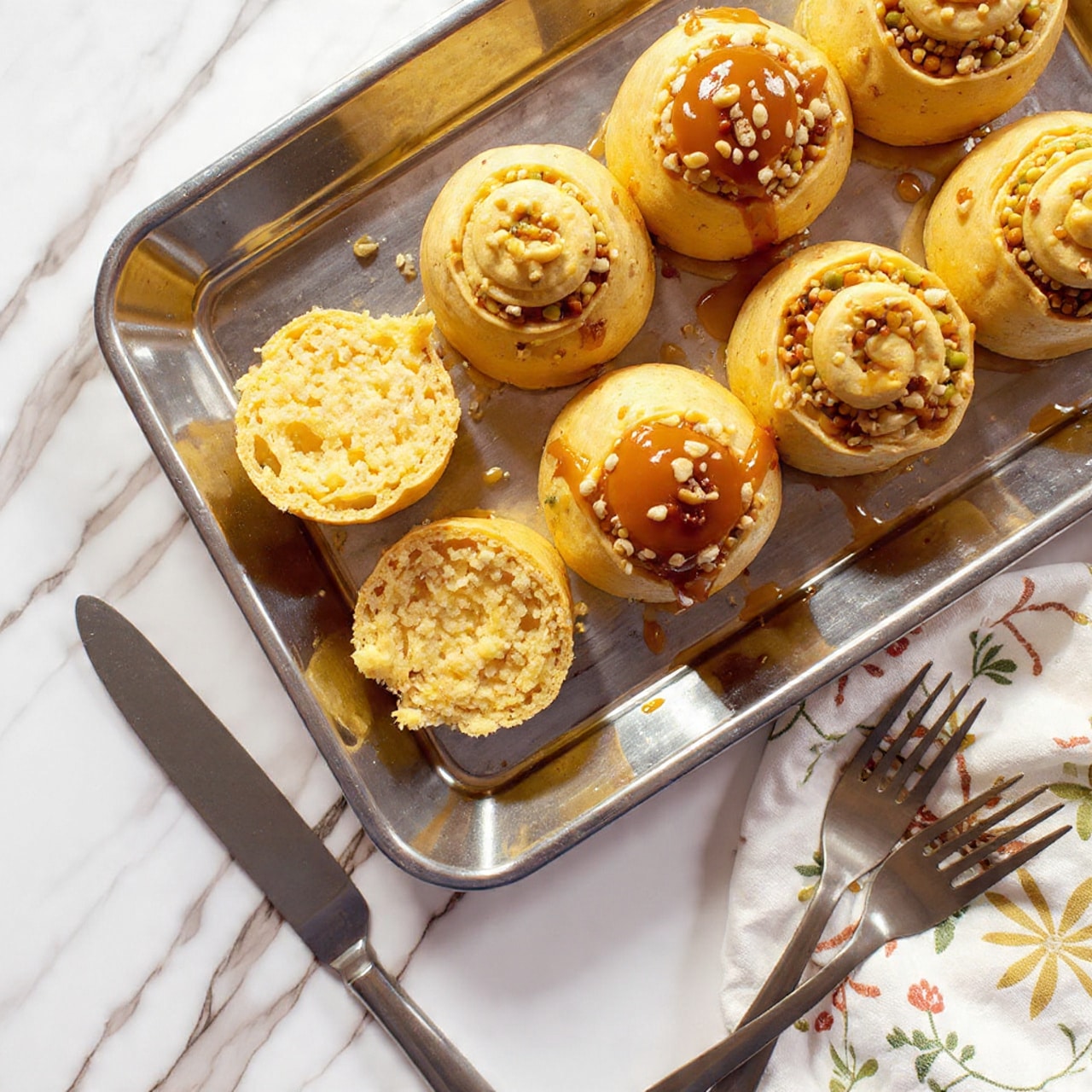 The image shows a close-up of sticky buns on a shiny silver tray, with one bun pulled slightly away from the rest, revealing a soft, light golden inside. The buns are topped with generously chopped, glossy pecans mixed with caramel sauce that drips slightly on the tray, adding a shiny texture. The tray sits on a white marbled surface with a floral-patterned cloth partially underneath. A shiny, detailed silver butter knife is near the tray, and two forks lie on the left side of the image. The photo taken with an iphone --ar 4:5 --v 7