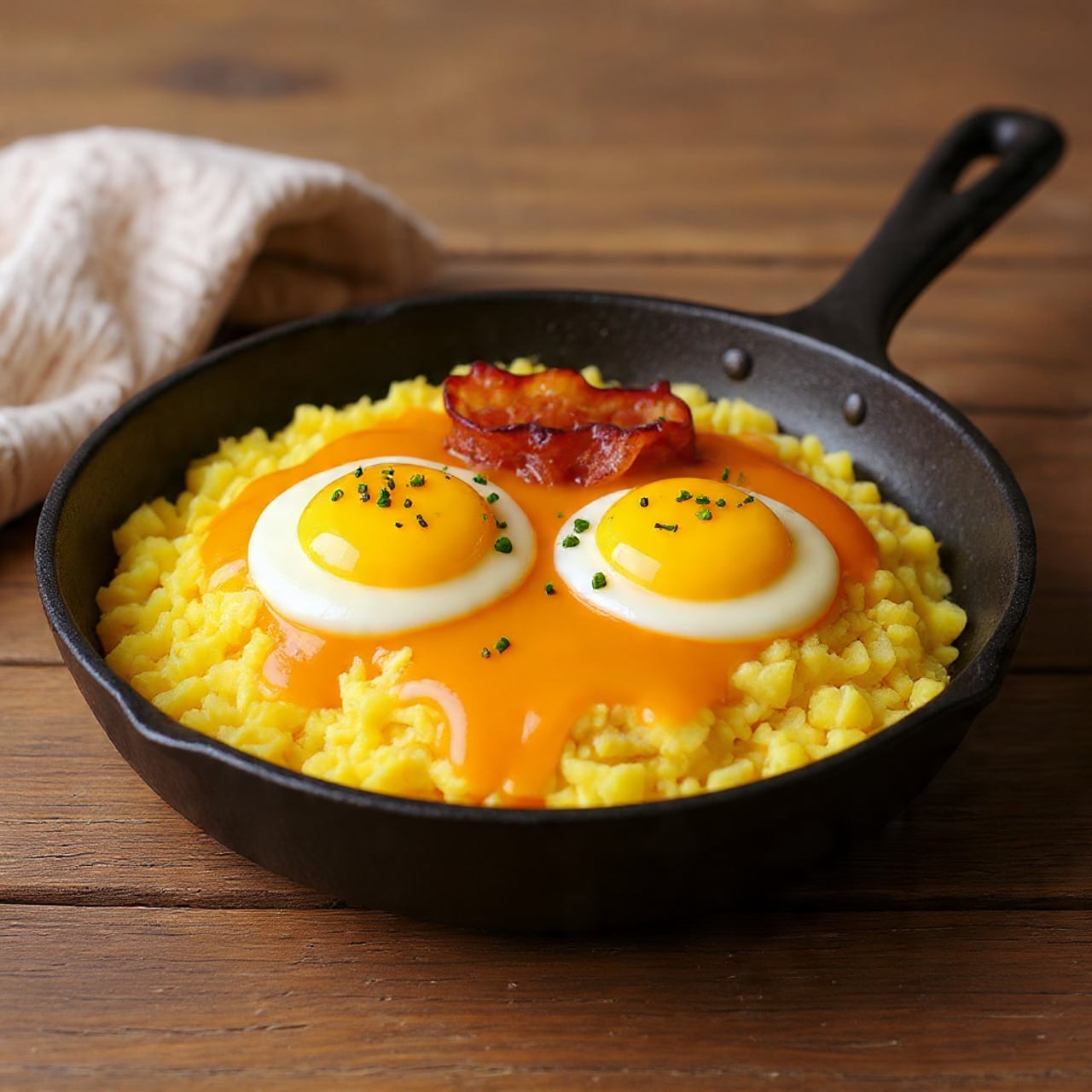 The image shows a white pan filled with a colorful breakfast dish. There are two fried eggs with bright orange yolks in the center, surrounded by golden-brown crispy potatoes that have a rough texture. Pieces of crispy bacon with a reddish-brown color are scattered over and around the eggs and potatoes. Small bits of green onions are sprinkled on top, adding a fresh green color. A creamy light sauce is drizzled over the whole dish, adding a smooth texture contrast. The background is a white marbled surface. Photo taken with an iphone --ar 4:5 --v 7