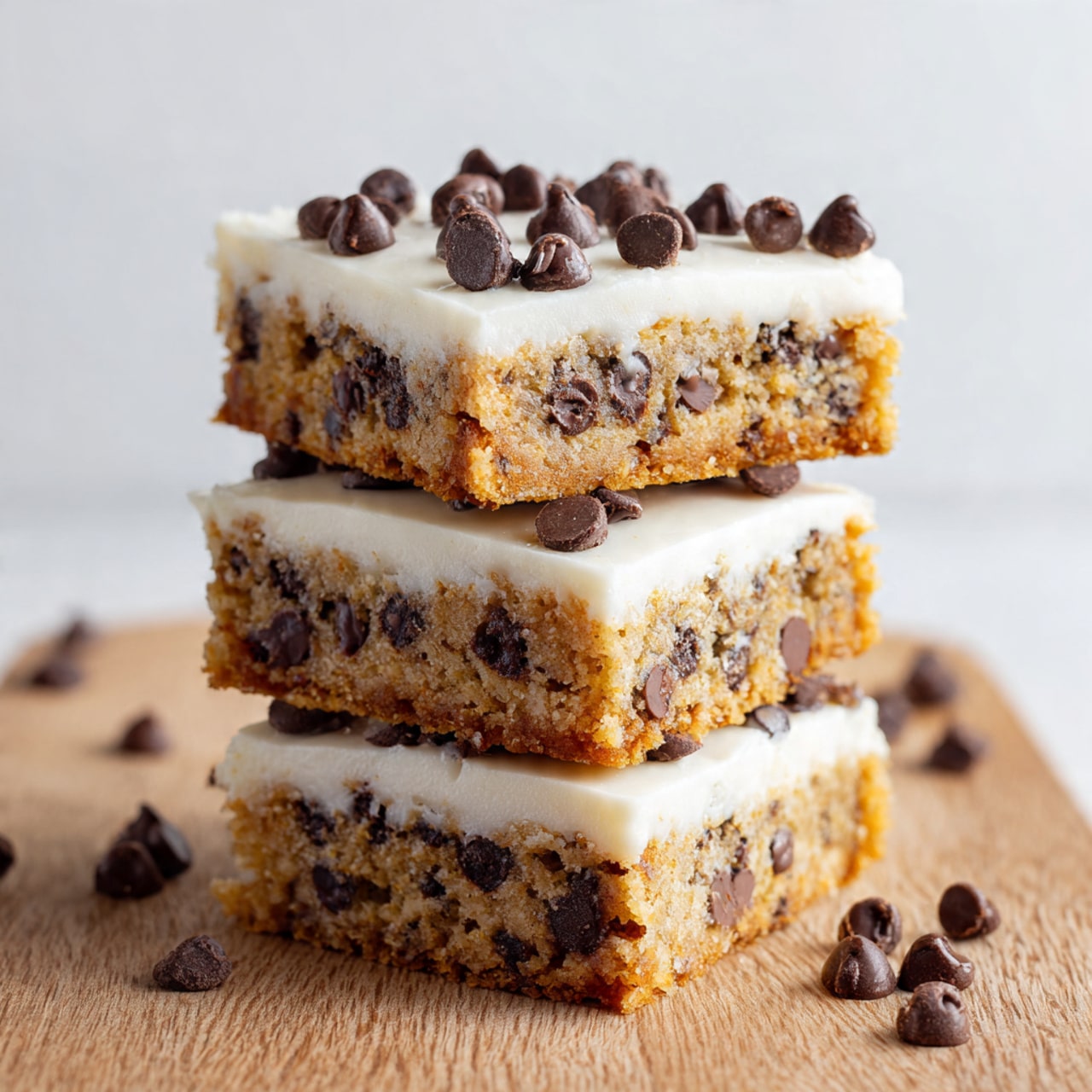 A stack of three thick, square cookie bars with a golden-brown base and texture showing bits of melted chocolate chips throughout each layer. The top layer is covered with a light, creamy white frosting that looks soft and smooth, topped with extra scattered chocolate chips both on top and around the base. The stack sits on a light wooden surface against a plain white background with a clean look. Photo taken with an iphone --ar 4:5 --v 7