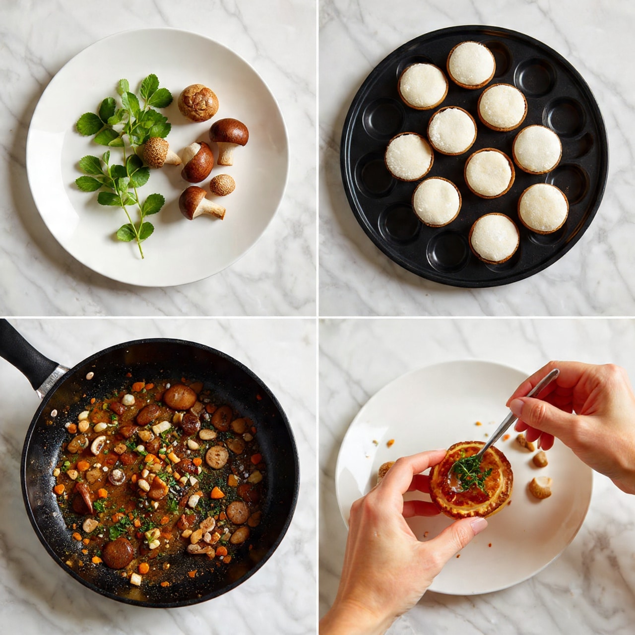 The image shows four parts of making savory mini tarts. The top left part has a white plate with fresh herbs and some brown mushrooms on a white marbled surface. The top right part shows a black muffin tray holding small white tart shells with crimped edges. The bottom left part shows a pan full of cooked, chopped mushrooms mixed with herbs and onions, creating a brown mix with some orange bits. The bottom right part shows a woman's hand holding a spoon and putting the mushroom mix inside one of the tart shells in the black muffin tray, all on a white marbled surface. photo taken with an iphone --ar 4:5 --v 7
