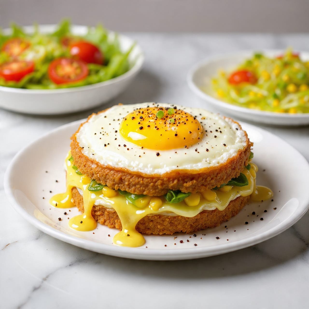 A close-up of a white plate with a single serving of a layered dish showing a crispy brown base covered in melted cheese mixed with green vegetables and small pieces of corn. On top sits a bright yellow fried egg with a runny yolk, sprinkled with black pepper and garnished with two small green onion pieces. In the blurred background, parts of a fresh salad with cherry tomatoes and green lettuce are visible, all set against a white marbled surface. Photo taken with an iphone --ar 4:5 --v 7