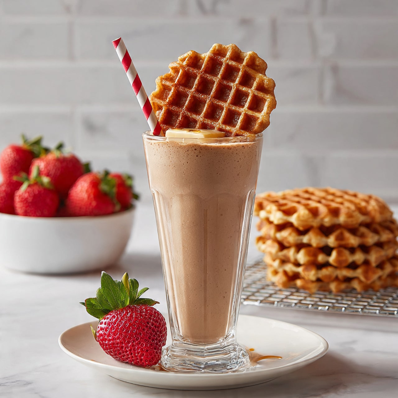 A stack of five golden brown waffles sits in the center of a white plate on a white marbled surface. The waffles have a crispy texture with deep squares and some melting butter on the top layer. Light golden syrup is being poured from a white small pitcher onto the top waffle, dripping down the sides and pooling slightly on the plate. Two bright red strawberries with green tops rest on the plate, one on each side of the waffle stack. In the blurred background, there is a small white bowl filled with more red strawberries. Photo taken with an iphone --ar 4:5 --v 7