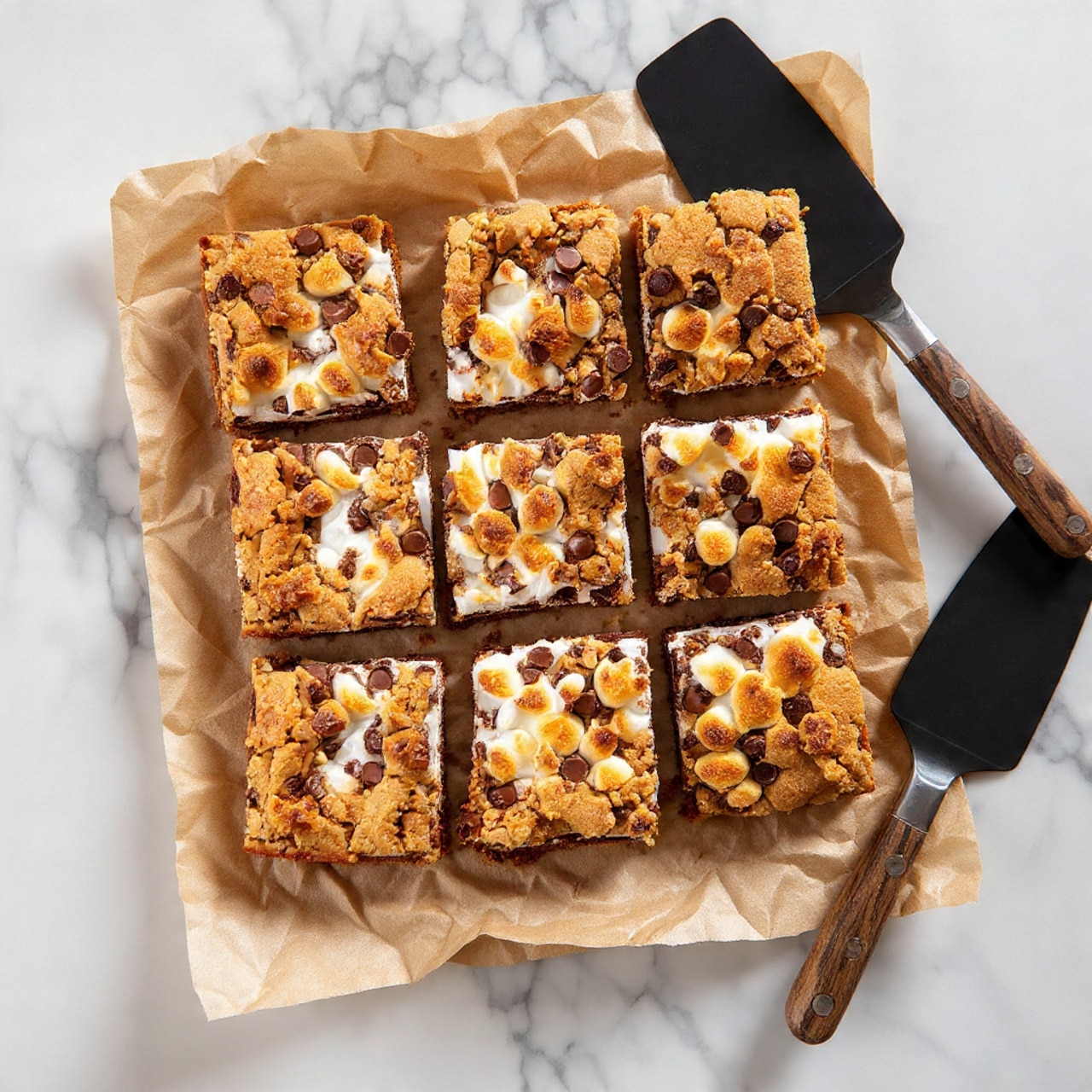 A tray of square toasted s'mores bars neatly arranged on light brown parchment paper, each bar showing a golden brown cookie layer on top with visible soft, melted white marshmallows and dark chocolate chips peeking through underneath. The bars have a slightly crunchy texture on top, and the marshmallows appear slightly puffy and soft. A black spatula is placed to the side on the parchment paper. The background is a white marbled surface. photo taken with an iphone --ar 4:5 --v 7