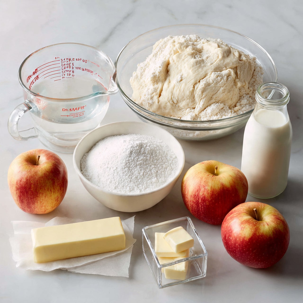 A white marbled surface holds several baking ingredients arranged neatly. In the back center, there is a clear glass bowl covered with a clear plate containing dough. To the left of the bowl, a Pyrex glass measuring cup with a red scale marking contains a clear liquid. In front of the measuring cup is a white bowl full of white powdered sugar. In front of the dough bowl, two fresh apples with red and yellow skin sit side by side. To the right of the apples, a small glass bottle with white milk is placed. In front of the milk, a stick of butter wrapped in its original paper is laid flat. On the lower front row, from left to right, there are three small clear square bowls holding brown cinnamon powder, light brown cinnamon powder, and dark brown liquid vanilla extract. Behind the apples, a red measuring cup is filled with brown sugar. The whole scene is brightly lit with soft shadows, photo taken with an iphone --ar 4:5 --v 7