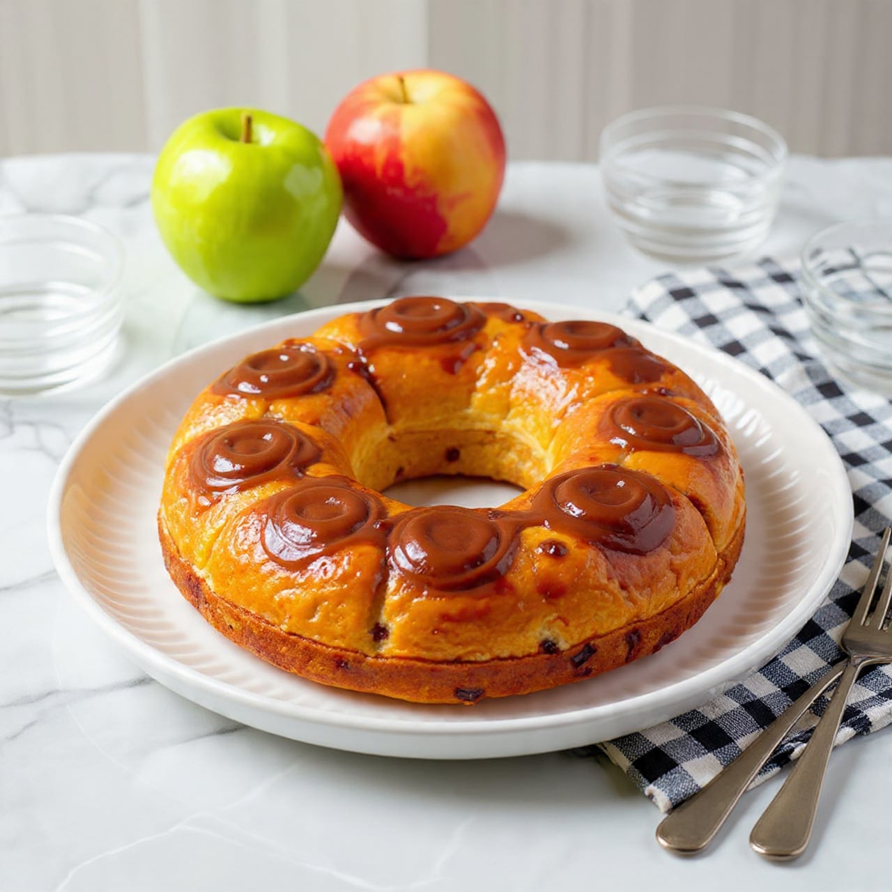 The image shows a round baking pan filled with small round dough balls closely packed together, each coated with a light layer of cinnamon sugar, giving a speckled brown texture that contrasts with the pale dough. Scattered on top and between the dough balls are small chunks of cooked yellow apples with a shiny syrup glaze, adding bright and glossy touches. The baking pan is gray with a central hollow tube in the middle. The background is a white marbled surface. photo taken with an iphone --ar 4:5 --v 7
