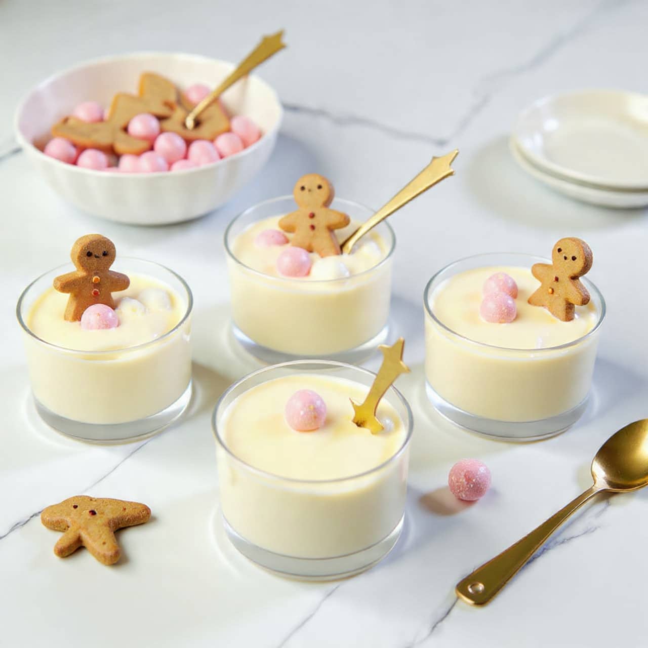 The first image shows a black pan filled with a light creamy mixture, topped with three bright yellow egg yolks and a pile of white sugar on one side. The second image shows a silver pot on a white marbled background with melted cream inside and a woman's hand pouring white chocolate chunks into it, while a whisk rests inside the pot. The third image presents four clear glass cups filled with smooth, creamy pale yellow mixture arranged in a loose cluster on white marbled background. The fourth image shows a white scalloped bowl filled with pink-speckled oval candies, placed next to a golden spoon, with some candies cut open revealing a nut inside and a small gingerbread man cookie nearby, all sitting on a white marbled surface. photo taken with an iphone --ar 4:5 --v 7
