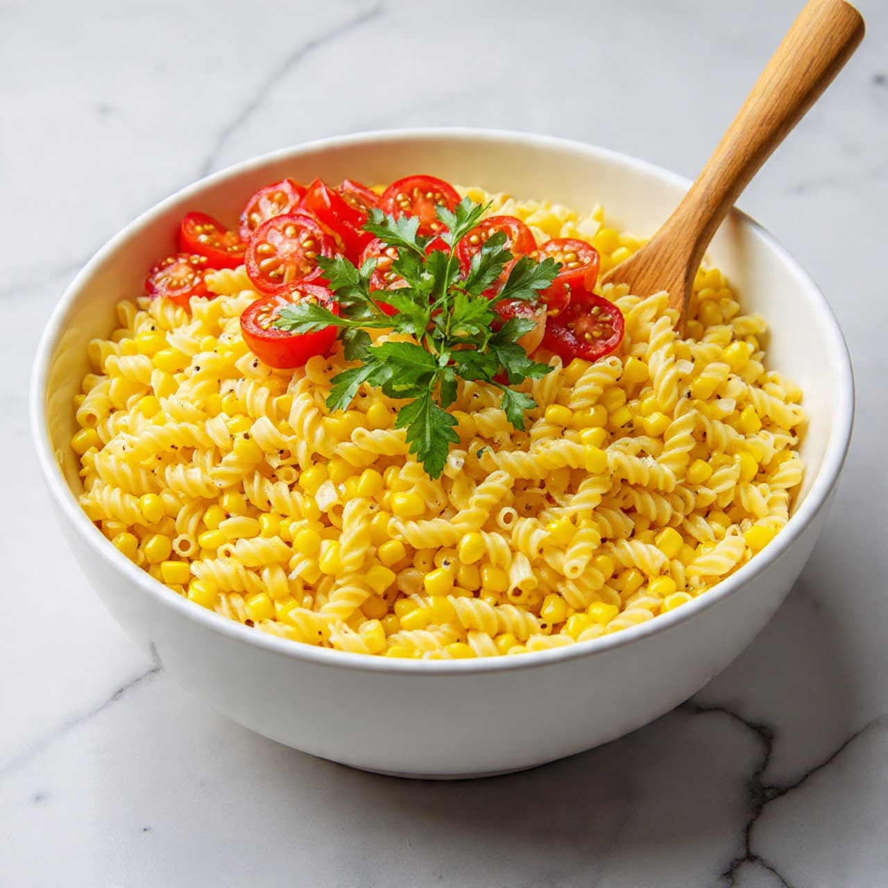 A white bowl filled with a pasta salad that has three layers: the base is a mix of light yellow and cream-colored spiral fusilli pasta, the middle layer consists of bright yellow roasted corn kernels, and the top layer is decorated with red cherry tomato halves and fresh green parsley leaves scattered all around. A wooden spoon is placed inside the bowl, stirring the salad gently, with a white marbled surface background. photo taken with an iphone --ar 4:5 --v 7