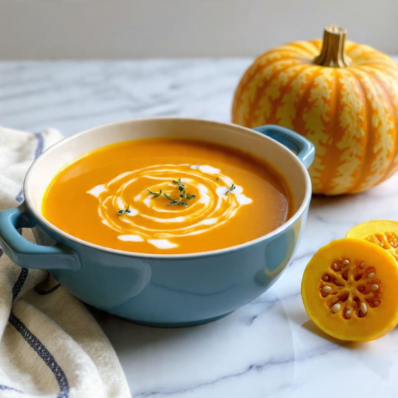 A light orange creamy soup fills a large blue pot with two handles, with a few small green herb leaves sprinkled on top as garnish. The pot sits on a white marbled surface beside a white cloth with blue stripes. Nearby, there are a few slices of yellow-orange squash with seeds showing, and a whole squash with orange stripes on its yellow skin is partially visible. The texture of the soup looks smooth and thick. photo taken with an iphone --ar 4:5 --v 7