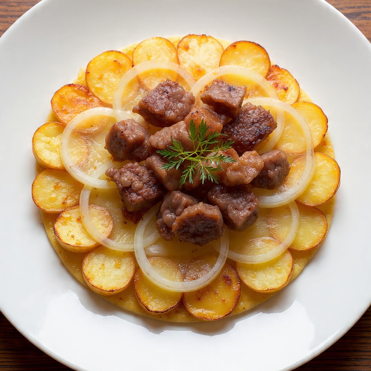 The dish is served on a white plate with a white marbled surface underneath. It has three main layers: at the bottom, there are halved roasted potatoes with a golden brown color and a slightly crispy texture, placed around the edge of the plate. The middle layer is made of soft, translucent cooked onion slices spread evenly over the potatoes. On top, there are small pieces of browned meat arranged in the center with a juicy, slightly crispy look. Fresh green herb sprigs are placed on top of the meat as garnish. The warm light in the background highlights the natural colors and textures of the food photo taken with an iphone --ar 4:5 --v 7