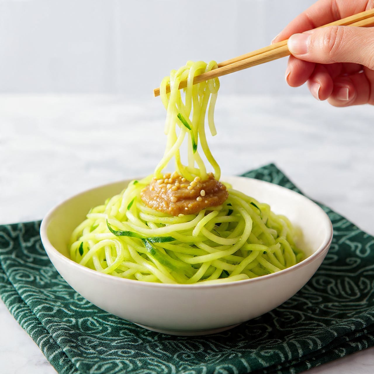 A white bowl filled with light green spiralized noodles topped with small sesame seeds, held gently by a pair of wooden chopsticks lifting some noodles above the bowl. The noodles have a fresh, slightly glossy texture, resting on a dark green patterned cloth, all set against a white marbled surface and a bright white background. photo taken with an iphone --ar 4:5 --v 7