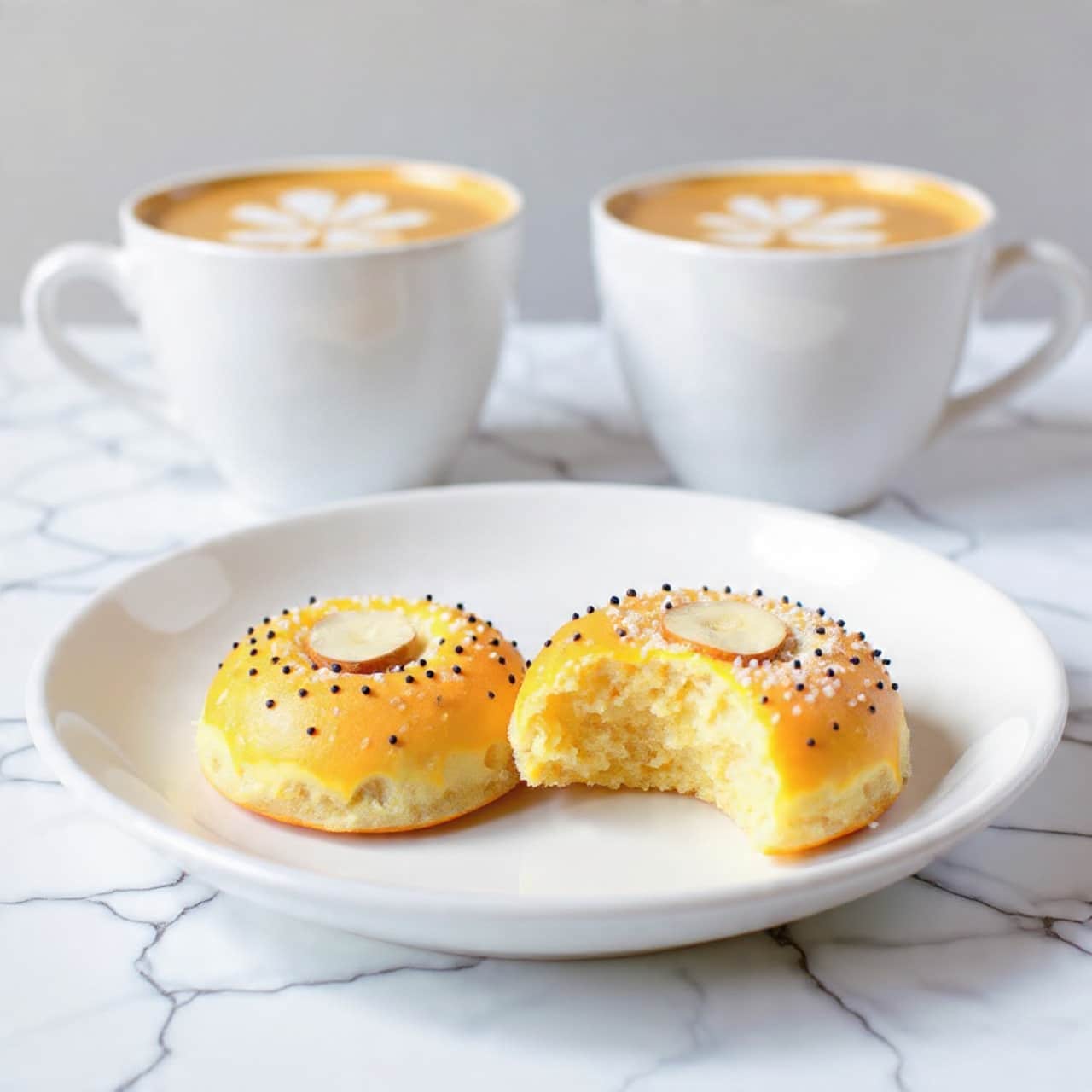A white plate on a white marbled surface holds two soft cookies dusted with white powder. The cookie in front has one bite taken out, showing its light beige, crumbly inside with a smooth texture and small dark almond slices embedded on top. Behind the cookies, a white cup filled with light brown coffee topped with frothy cream slightly fills the background, slightly out of focus. photo taken with an iphone --ar 4:5 --v 7