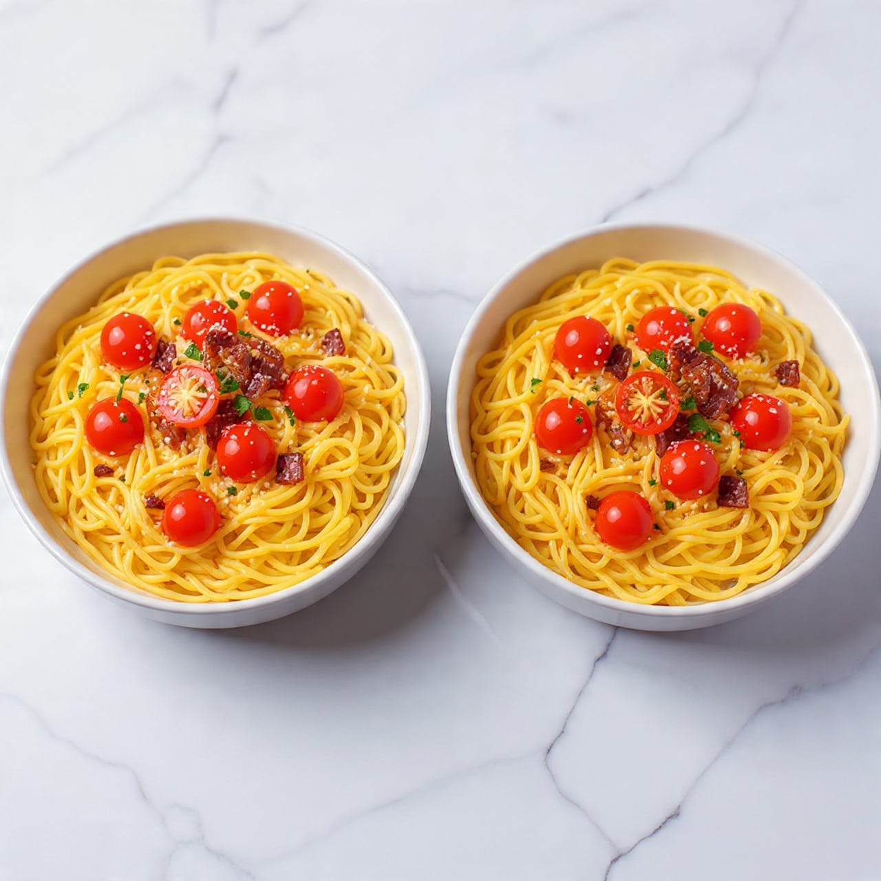 Two white bowls sit on a white marbled surface, each filled with pasta. The pasta is short, tube-shaped with a creamy orange sauce coating each piece. Bright red roasted cherry tomatoes and fresh green basil leaves are scattered among the pasta, adding touches of color and freshness. Small bits of crispy brown bacon are also mixed in, giving texture contrast. The bowls are simple and round, focusing attention on the vibrant food inside. Photo taken with an iphone --ar 4:5 --v 7