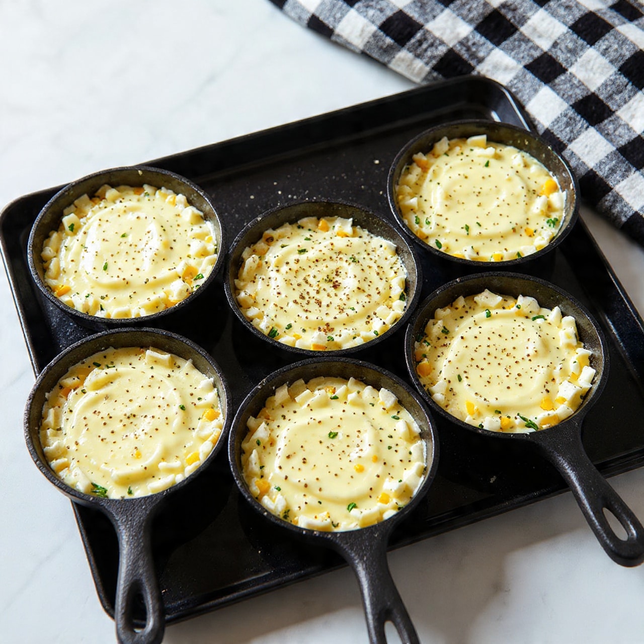 Six small black cast iron pans filled with a creamy, chunky white dish that appears to have pieces of cooked white vegetable or chicken mixed with small bits of green herbs and yellow vegetable pieces, each pan topped with a light sprinkle of black pepper. The pans are arranged close together on a black baking tray, sitting on a white marbled surface. In the background, a black and white checkered cloth is casually placed. photo taken with an iphone --ar 4:5 --v 7