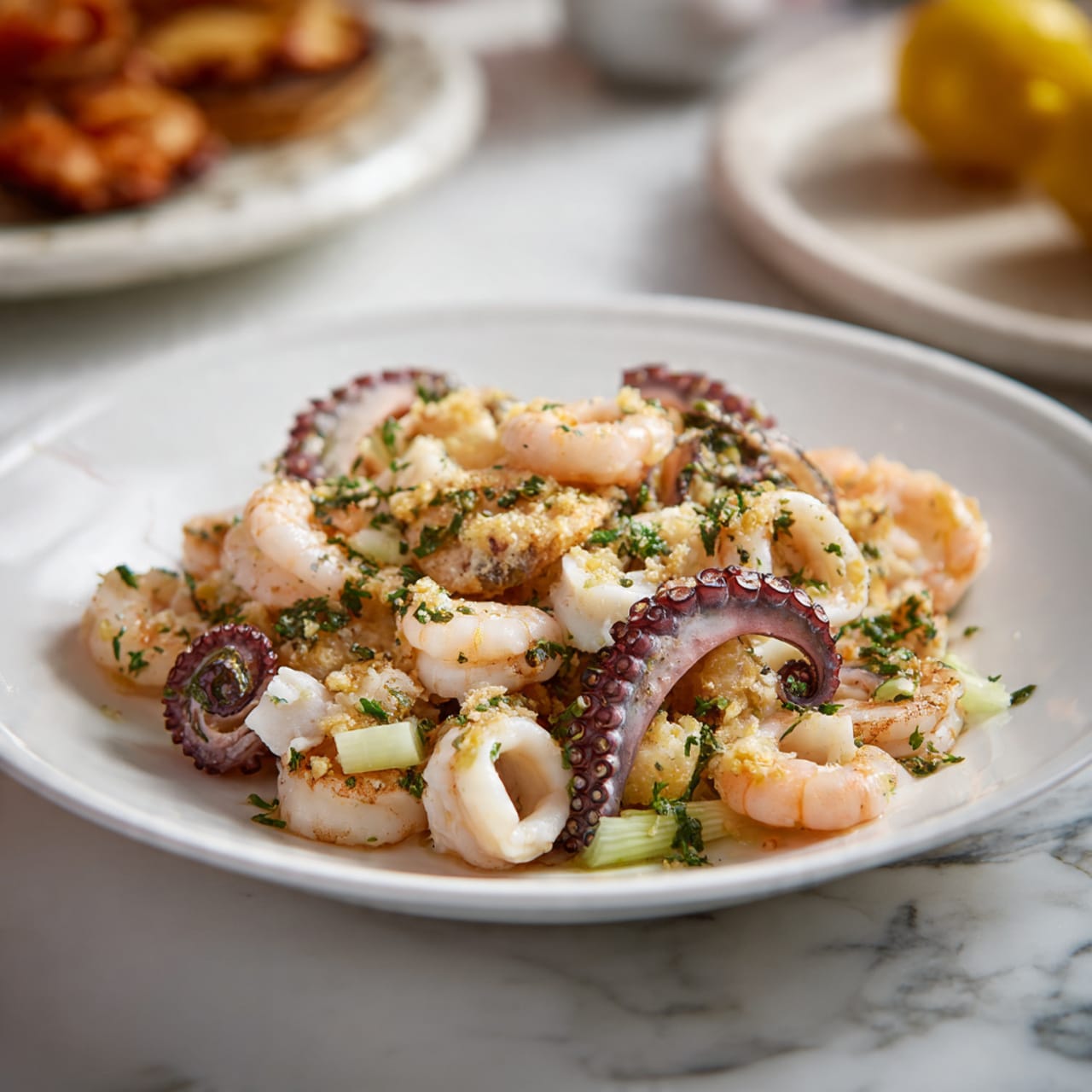The image shows a white plate filled with a seafood dish layered with different kinds of seafood including pale pink shrimp, pale white squid rings with a slightly translucent look, and small purple whole baby octopus with visible suckers. The seafood is mixed with small pieces of light green celery and sprinkled with herbs, giving a fresh and slightly green touch. The plate is placed on a white marbled surface, and the background shows a soft blur hinting at more food or table items. Photo taken with an iphone --ar 4:5 --v 7