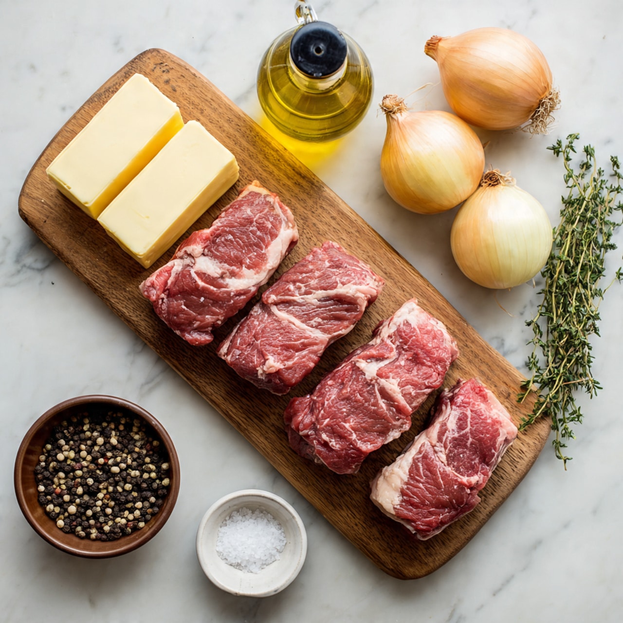 A wooden cutting board holds four pieces of raw red meat with white fat streaks, placed in two neat rows. Between the two rows of meat are two large pale yellow butter blocks, one smaller than the other. Below the cutting board is a small brown bowl filled with black and white peppercorns, while above the board a clear bottle of olive oil with a black top stands next to two whole yellow onions. On the white marbled surface to the right of the board, a small white bowl of coarse salt sits next to a bunch of fresh green thyme sprigs and another yellow onion. The scene is well lit with natural light and has a clean, simple look. photo taken with an iphone --ar 4:5 --v 7