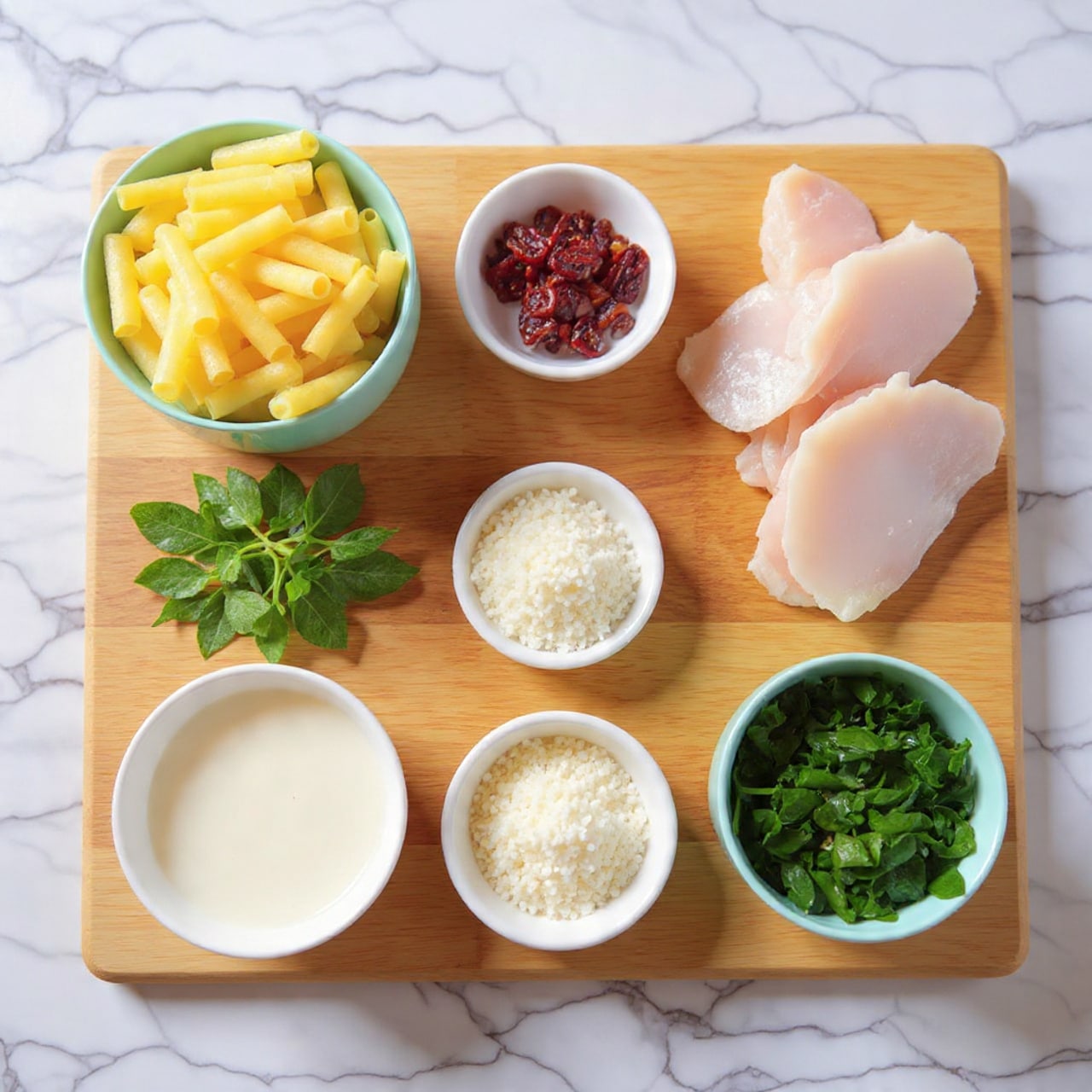 The image shows a wooden board on a white marbled surface with six groups of food arranged neatly: raw chicken pieces on the right, yellow tube-shaped pasta on the top left, a small white bowl filled with green fresh spinach leaves on the bottom right, a small white bowl with creamy white sauce on the bottom left, a small white bowl of shredded white cheese near the center, and a smaller dish with small red sun-dried tomatoes on the top left next to the pasta. The colors of the items are mainly light pink, yellow, white, green, and deep red. Photo taken with an iphone --ar 4:5 --v 7