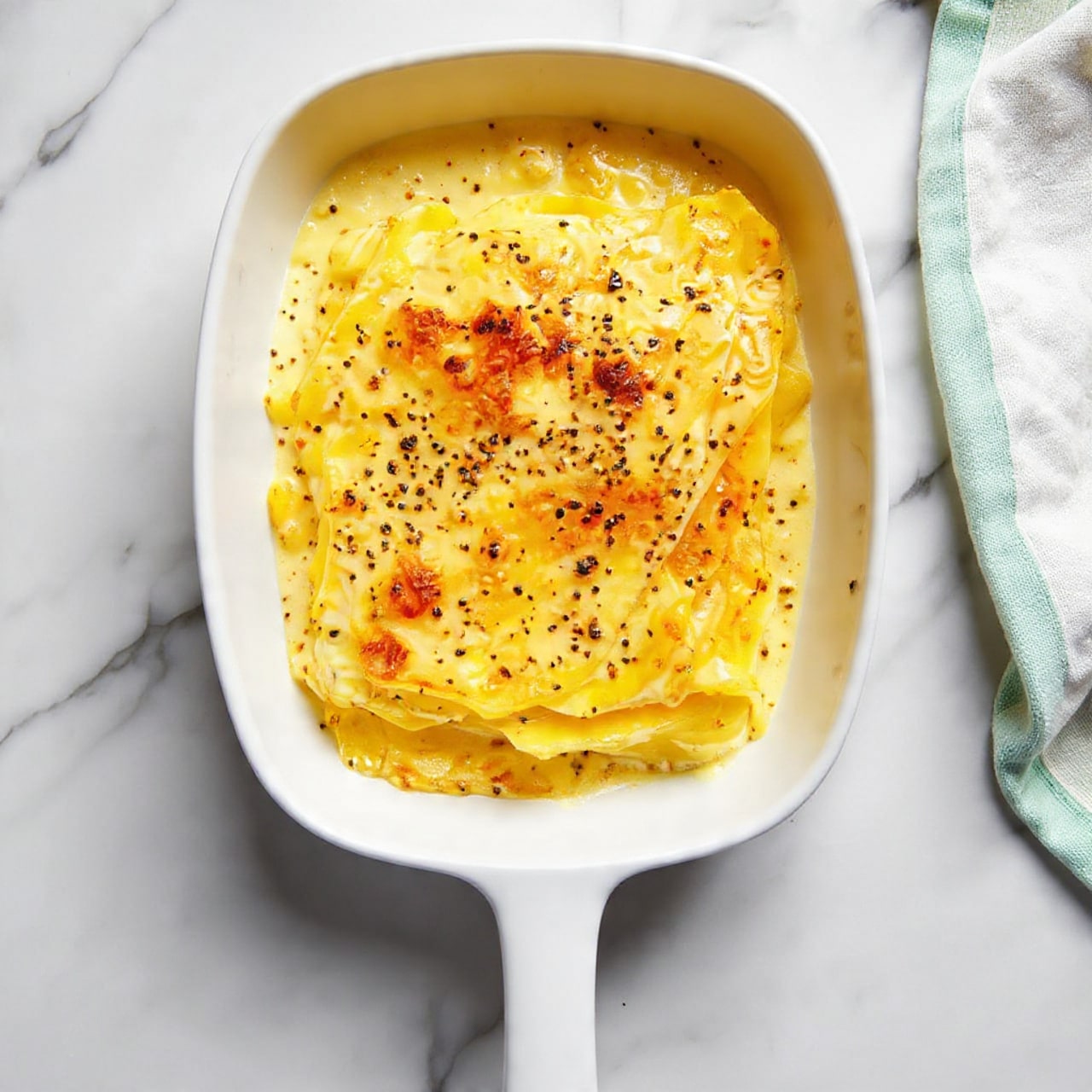 A close-up view of a baked dish in a white rectangular ceramic pan resting on a white marbled surface, showing a top layer of melted golden-yellow cheese with small browned spots and specks of black pepper scattered throughout. Beneath the cheese, thinly sliced round potato pieces create a textured, creamy layer with slightly translucent edges peeking through. The pan has a simple, sturdy handle visible at the bottom left, and a soft light green cloth is placed to the right edge of the pan. photo taken with an iphone --ar 4:5 --v 7