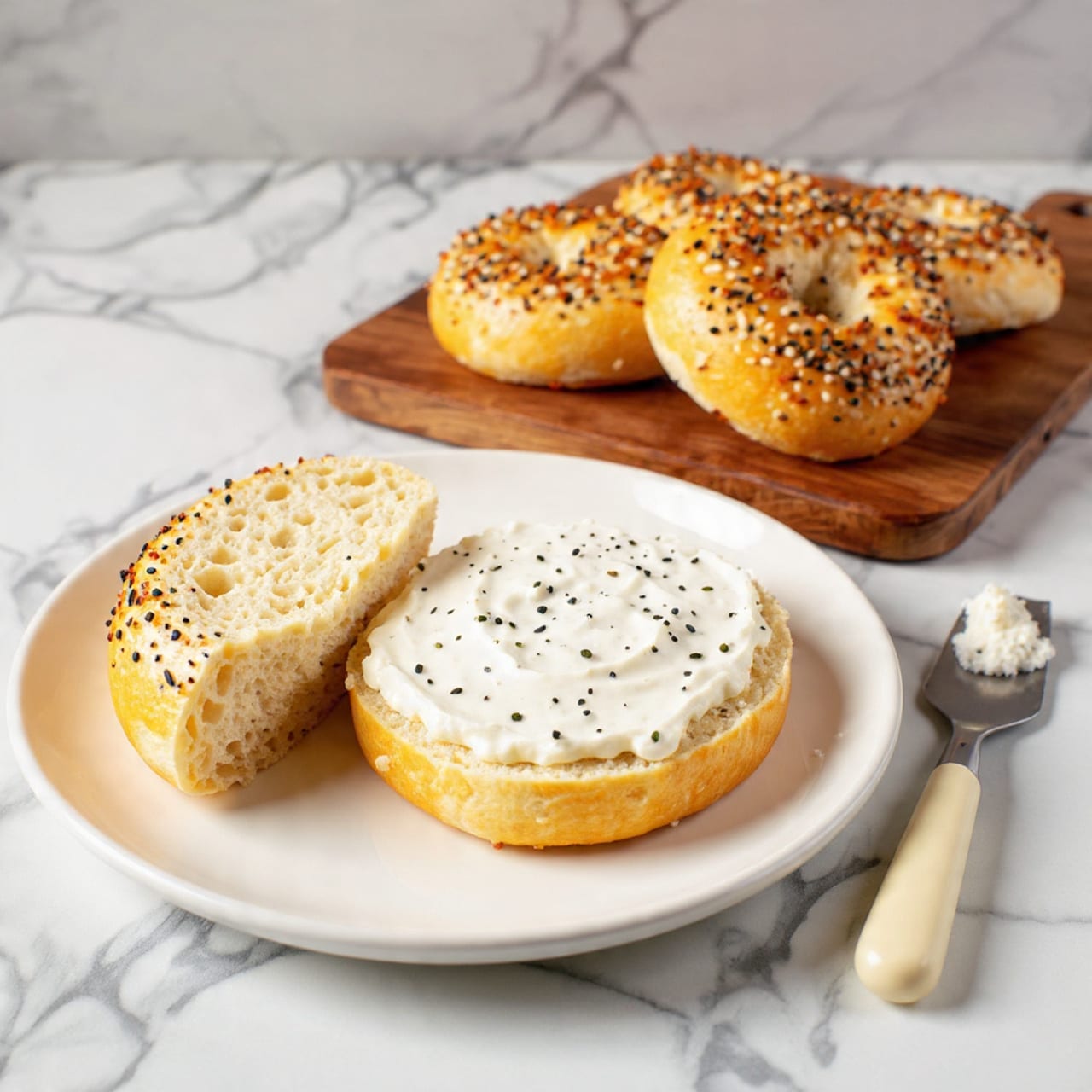 A white plate holds an open bagel sliced into two halves. The bottom half is plain with a soft texture and light tan color, while the top half is spread thickly with a light cream cheese mixed with visible small black and green herb pieces, showing a smooth and creamy texture. Next to the bagel halves is a small spreading knife with a white handle and a dollop of the same cream cheese on its blade. Behind the plate, a wooden board on a white marbled surface carries four round bagels, each with a light golden-brown crust sprinkled with seeds and seasoning, creating a rough texture. The scene is softly lit with a cozy, clean background. Photo taken with an iphone --ar 4:5 --v 7
