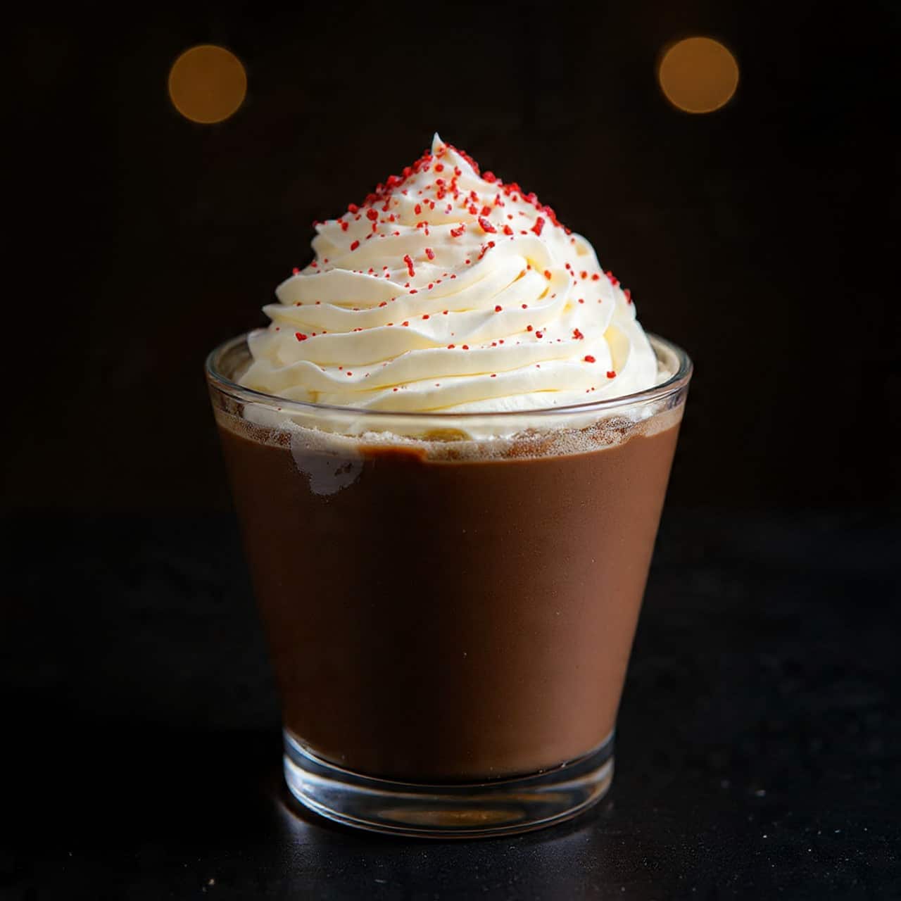 A clear glass cup filled with a thick dark brown chocolate drink forms the base layer, topped with a large swirl of white whipped cream. The whipped cream is sprinkled with fine red powder, adding a bright contrast to the smooth brown and creamy white colors. The cup is on a dark surface with blurred warm yellow lights in the background, creating a cozy atmosphere. Photo taken with an iphone --ar 4:5 --v 7