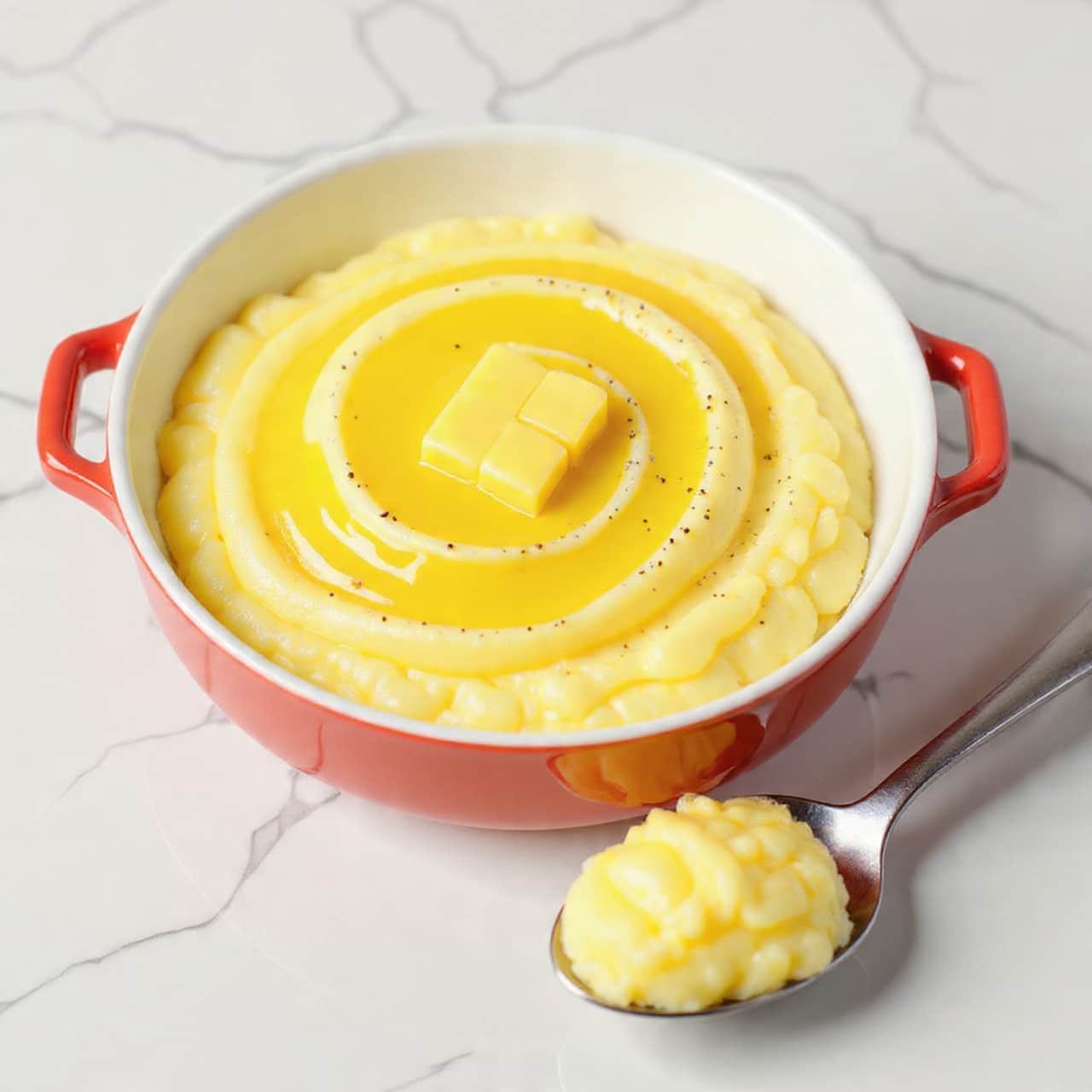 A white oval dish with red handles on each side holds a smooth yellow mashed potato spread evenly with soft swirling texture on top. A small square of softened butter rests on the upper left edge, slowly melting into the creamy surface. Black pepper is lightly sprinkled over the mashed potato layer, adding small black specks. A silver spoon scoops a rounded serving from the bottom right area, showing the thick, smooth inside texture. The dish sits on a white marbled surface. photo taken with an iphone --ar 4:5 --v 7