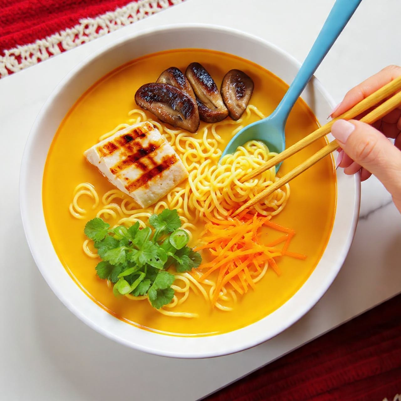 A white bowl with creamy soup fills the frame, with thick noodles submerged in the light tan broth. On top, there are golden sautéed oyster mushroom slices arranged on one side. Bright green herbs and shredded orange carrots add color and freshness, scattered over the broth. A woman's hand holds golden chopsticks picking up some mushrooms, while a blue spoon rests inside the bowl. The bowl sits on a white marbled surface.