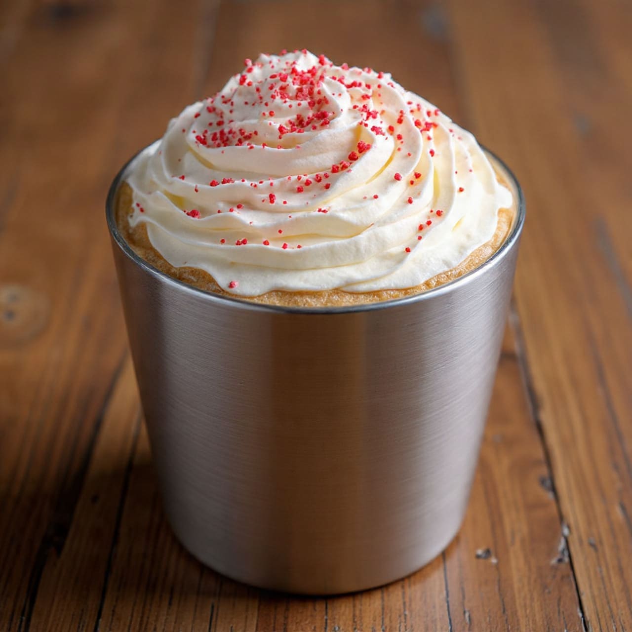 The image shows four steps to make a chocolate coffee drink. The first step features a black pot filled with white milk on a brown wooden surface. The second step shows the same pot with light brown, foamy chocolate mixture being blended with a stick blender. The third step has a small clear glass cup with black coffee and a light brown foam layer, placed on a silver saucer on the wooden surface. The last step shows the same glass cup filled with the chocolate coffee drink topped with a thick swirl of white whipped cream and sprinkled with red crumbs, still on the silver saucer with the wooden surface behind. photo taken with an iphone --ar 4:5 --v 7