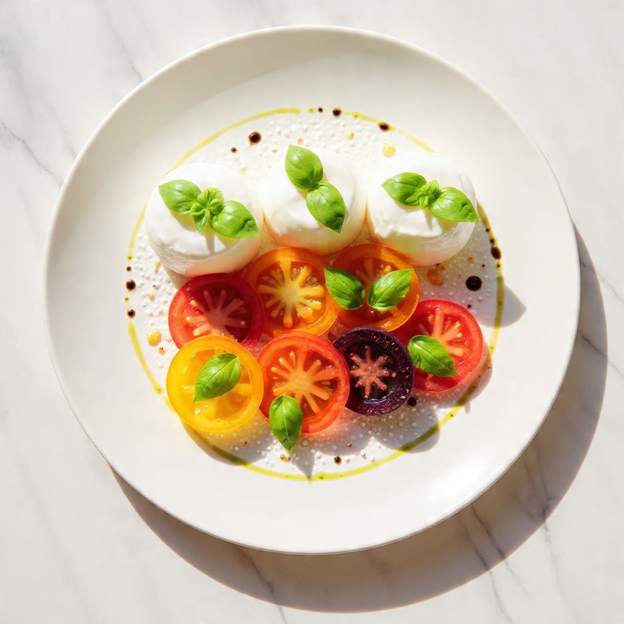 On a white plate, there are two layers of sliced tomatoes and burrata pieces arranged in the center. The bottom layer is made of round, thick slices of red, orange, and green tomatoes overlapping each other in a curved line. On top, there are three smooth, white burrata pieces placed evenly along the tomato layer. Each burrata piece is topped with a fresh, bright green basil leaf. Around the plate, small drops of dark balsamic vinegar and a light drizzle of yellow olive oil are scattered, along with coarse white salt crystals, all set on a white marbled surface in soft natural light. Photo taken with an iphone --ar 4:5 --v 7