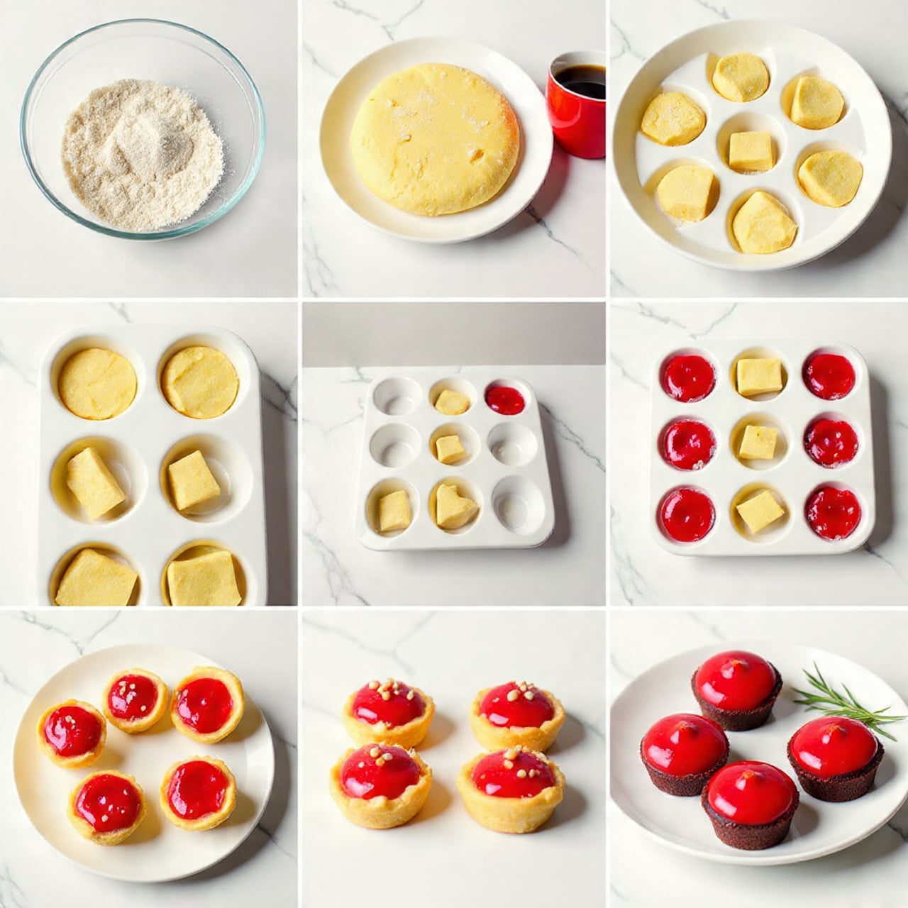 Six images show the process of making mini tartlets on a white marbled surface. First is a clear bowl with pale yellow dry mix. Next is a flattened round dough with a rough light yellow texture. Then a white muffin tray with 12 dough-lined cups, some sprinkled with sugar. The following image shows the tray with small beige cubes placed inside each dough cup. Next, each cup holds red jam filling, contrasting with the dough’s yellow color. The last image shows finished tartlets filled with bright red jam and topped with crumbled nuts, garnished with fresh green rosemary sprigs on a white plate. photo taken with an iphone --ar 4:5 --v 7