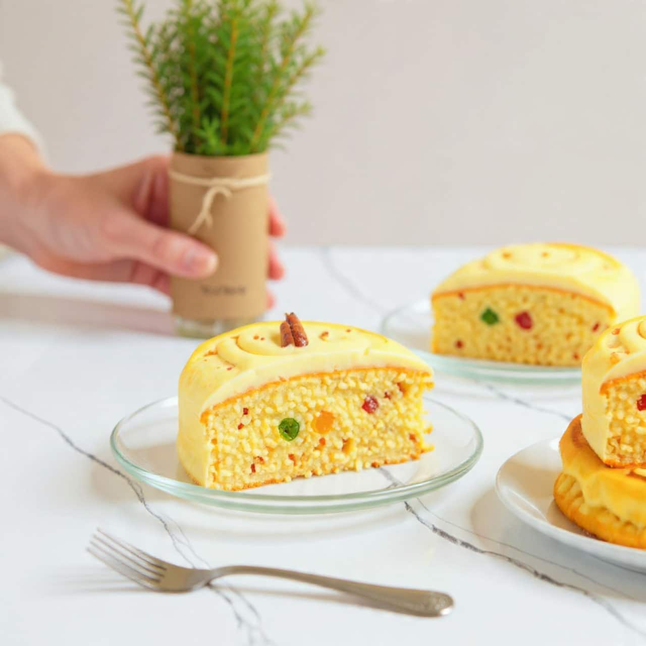 A close-up photo showing a slice of light yellow fruitcake with visible bits of red, green, and orange candied fruits and small pieces of nuts mixed inside. The cake has a soft, moist texture with a slightly browned crust around the edges. The slice sits on a clear glass plate placed on a white marbled surface. Nearby, there are other slices of the same cake on similar clear plates, and a small silver fork with decorative handle lies in front of the main plate. In the background, a woman's hand is gently holding a bundle of green herbs tied with string on a kraft paper card. The scene is bright and clean with soft natural lighting. photo taken with an iphone --ar 4:5 --v 7