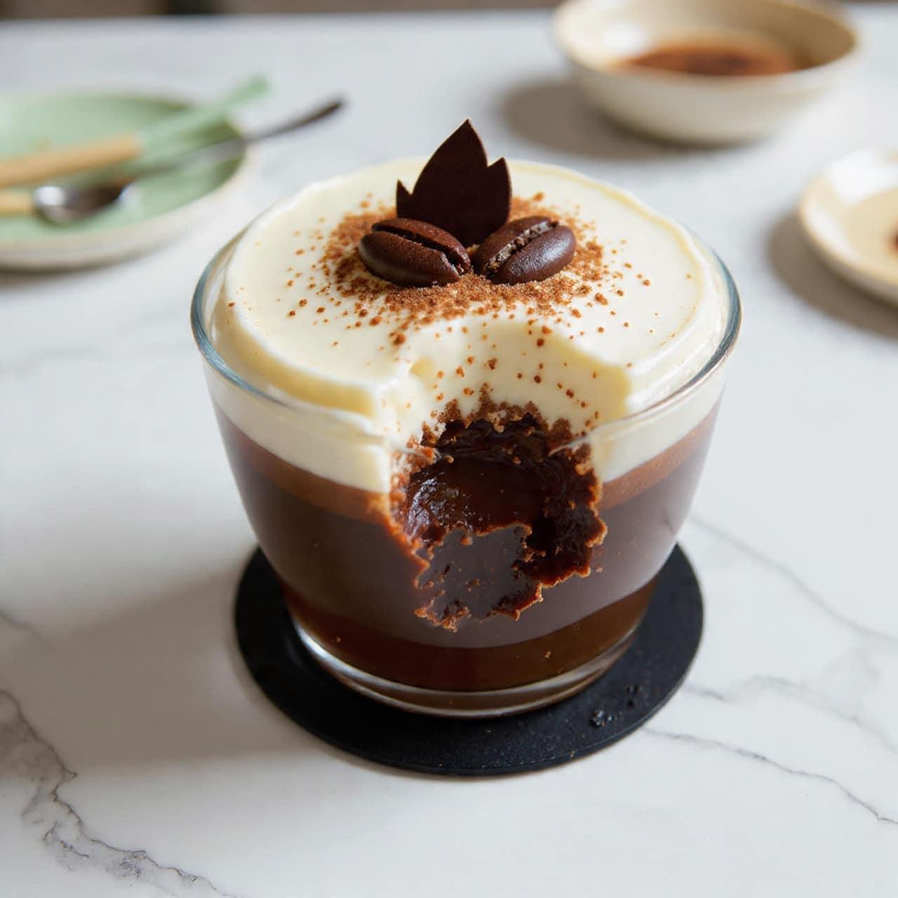 A clear glass cup with three layers is shown: the bottom layer is dark brown chocolate mousse, the middle layer is lighter brown mousse, and the top layer is white whipped cream dusted with light brown cocoa powder. The top also has a dark brown leaf-shaped decoration and three coffee beans placed on the whipped cream. A bite is taken out of the mousse, revealing the creamy inside. The glass is on a black base, placed on a white marbled surface with some blurred utensils and plates in the background. photo taken with an iphone --ar 4:5 --v 7