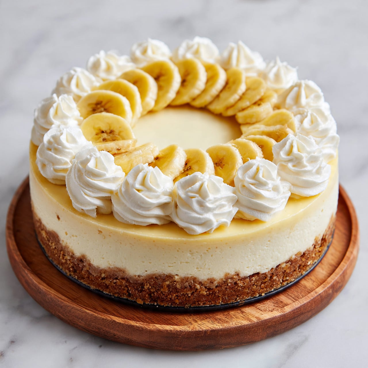 The image shows a creamy banana cheesecake with three layers on a wooden board over a white marbled surface. The base layer is a crumbly light brown crust. Above it is a smooth, pale yellow cream cheese layer. The top layer is decorated with evenly spaced swirls of white whipped cream around the edge. Inside the whipped cream circle, a ring of sliced yellow bananas is placed flat, creating a clean border. The lighting highlights the smooth texture of the cheesecake and the fresh bananas, making it look fresh and delicious photo taken with an iphone --ar 4:5 --v 7