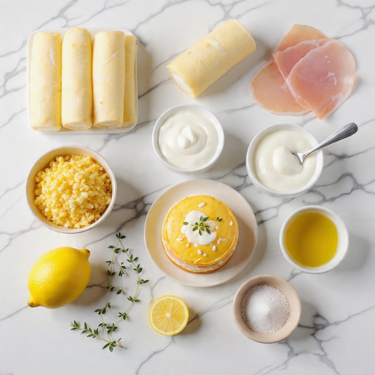 The image shows ingredients neatly arranged on a white marbled surface. At the center bottom, there is a thawed sheet of pale, cream-colored puff pastry with a smooth white spread on top forming one layer. Next to it on the right is a rolled puff pastry sheet in a pale yellow shade. Above the rolled sheet, there are several delicate, thin slices of light pink prosciutto layered loosely, showing a mix of pink and white fat. To the left of the prosciutto, a small off-white bowl filled with thick white cream has a small silver spoon in it. Above the cream is a smaller bowl with a crumbly yellow mix topped with small green herbs. To the left of this are several sprigs of fresh thyme with tiny green leaves. Near the bottom left, there is a whole bright yellow lemon, and above it is a lemon half showing its pale yellow inside. Below the lemon half sits a beige bowl with yellow olive oil. On the far right bottom corner, a small beige bowl contains coarse salt with a small amount of pink salt on top. Fresh green thyme sprigs lie just underneath this bowl. The clean white marbled background highlights all the ingredients clearly photo taken with an iphone --ar 4:5 --v 7