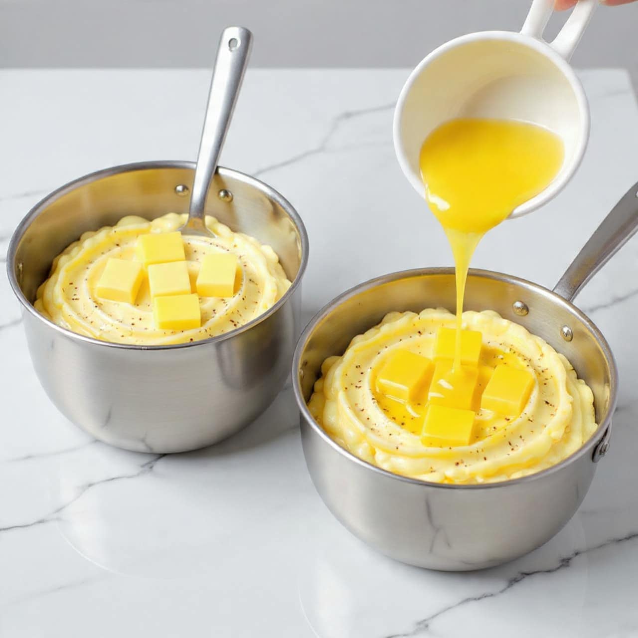 The image shows a pot filled with thick, pale yellow and slightly lumpy mashed mixture with some melted butter on top. Next to the pot, a white bowl is tilted, pouring more melted butter into the pot, adding a shiny, golden layer on the textured mash. Both the pot and bowl are stainless steel, and the scene is set on a white marbled surface. A metal spoon is inside the pot, partly buried in the mash. The light creates soft reflections on the metal and liquid butter, giving the scene a warm, fresh look. photo taken with an iphone --ar 4:5 --v 7
