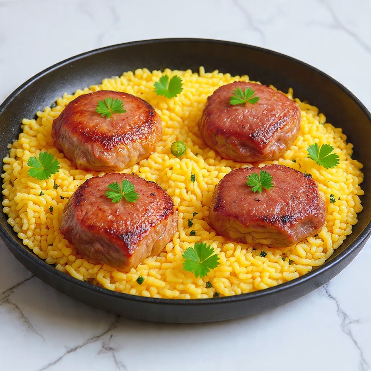 The image shows a close-up of a dish with several pieces of golden brown grilled chicken placed on top of a bed of cooked white rice mixed with small bits of onion. Each chicken piece has a crispy texture with grill marks visible and is sprinkled with fresh green herbs, including parsley and dill. The rice underneath has a light yellow tint from spices and is slightly fluffy. The food is served in a white bowl, set on a white marbled surface, creating a clean and bright background. Photo taken with an iphone --ar 4:5 --v 7