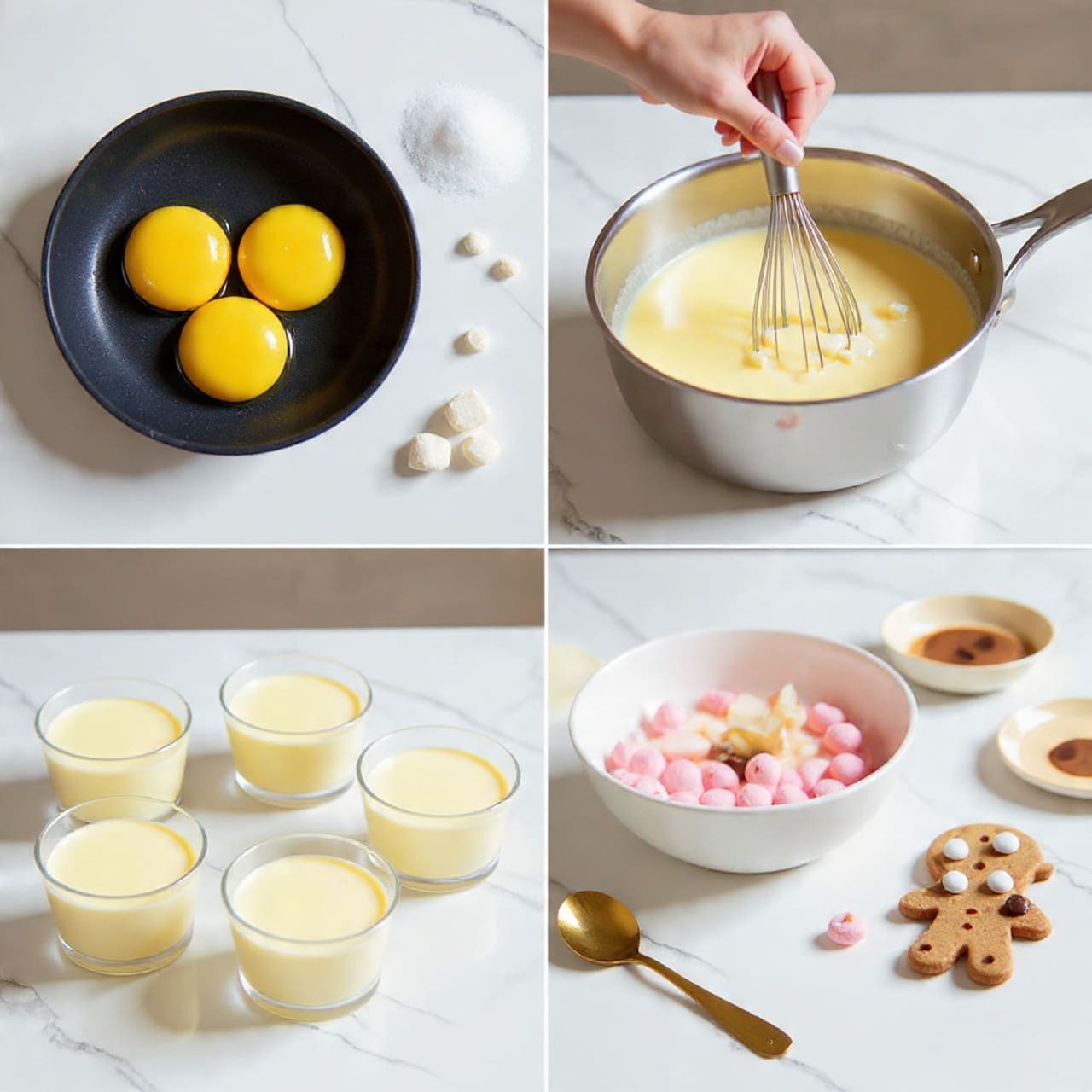 The image shows four scenes of making a creamy dessert: the first scene has a top view of a black pan holding three bright yellow egg yolks next to a pile of white sugar on a white marbled surface; the second scene shows a silver pot with a creamy yellow liquid being mixed with a whisk as woman’s hand pours white chocolate chunks into it on a white marbled surface; the third scene has four clear glass cups filled with smooth, creamy pale yellow dessert, each cup resting on a white marbled surface; the last scene features a white scalloped bowl filled with round pink and white speckled candies, a gold spoon behind it, some candy pieces broken to show a brown center, and a small gingerbread cookie with white icing buttons all placed on a white marbled surface photo taken with an iphone --ar 4:5 --v 7