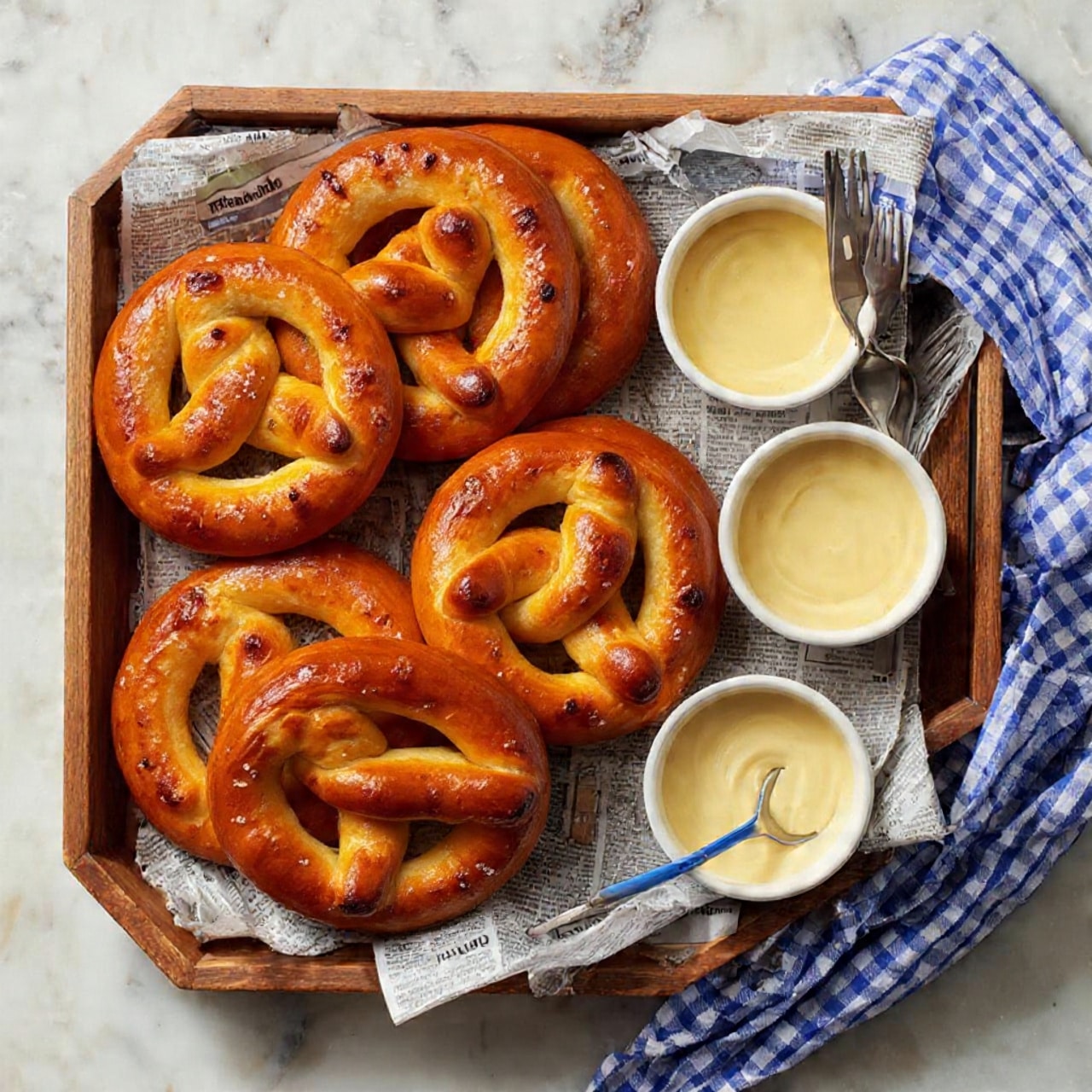 The image shows a side-by-side view of two baking trays on a white marbled surface, each tray holding three pretzels. On the left, the pretzels are unbaked dough with a smooth, pale off-white color and soft texture, placed on white parchment paper that lines the silver metal tray. On the right, the pretzels are baked to a golden brown color with a shiny crust, some darker spots from baking, and sprinkled with coarse white salt. Both trays contain pretzels shaped in the classic twisted knot style, evenly spaced on the trays. Photo taken with an iphone --ar 4:5 --v 7