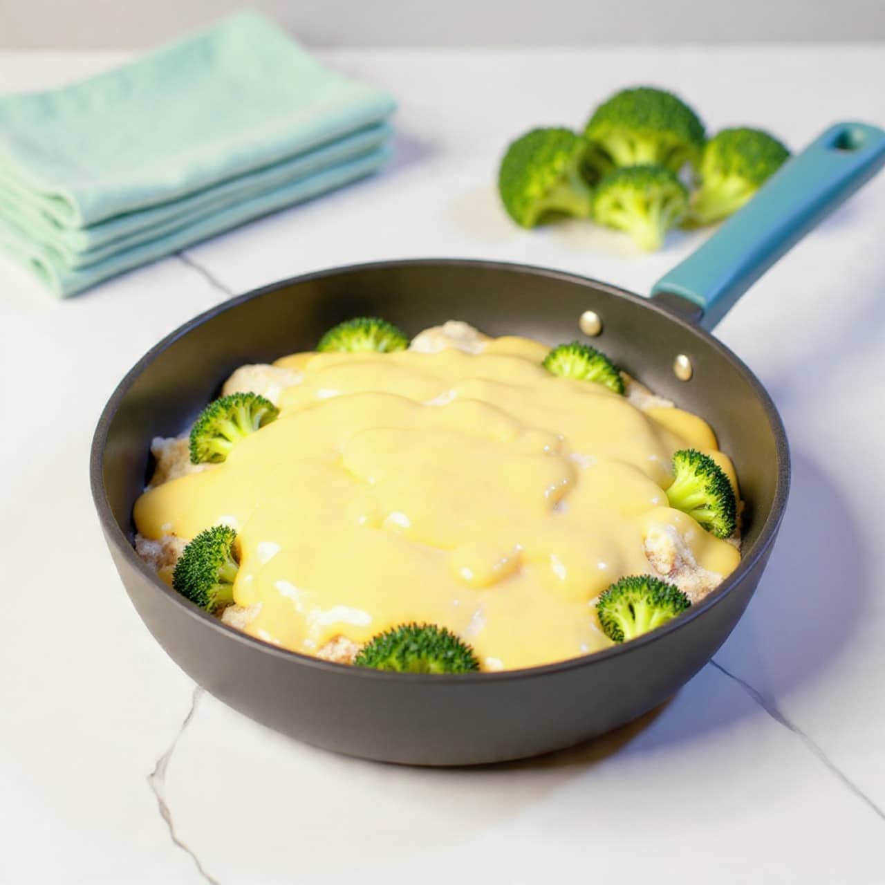 A white bowl sits on a light green cloth, filled with a mix of bright green broccoli florets and light beige pieces of chicken, all covered in melted pale yellow cheese with a creamy texture. A woman’s hand holding a fork lifts a bite-sized portion of the broccoli and chicken, with strings of melted cheese stretching down to the bowl. In the blurred background, a dark pan and a light wooden spoon rest on a white marbled surface. The colors are soft and the scene looks cozy and fresh photo taken with an iphone --ar 4:5 --v 7