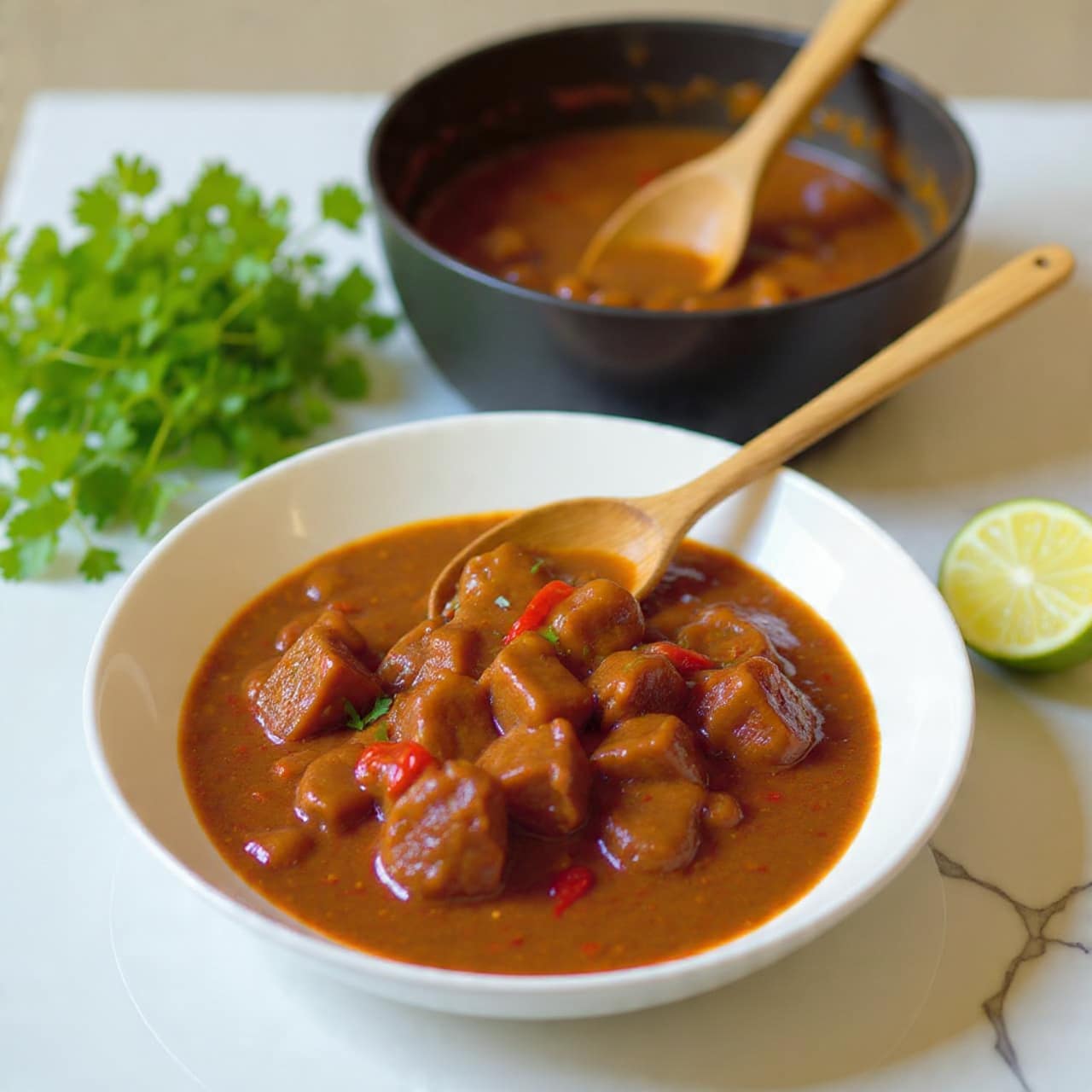 A white bowl filled with dark red stew containing chunks of brown meat scattered in a rich sauce, garnished with fresh green cilantro leaves on top; the bowl is placed on another white bowl, sitting on a white marbled surface with half a lime showing its light green inside on the left and a few sprigs of cilantro nearby, with a soft blue cloth in the blurred background. photo taken with an iphone --ar 4:5 --v 7