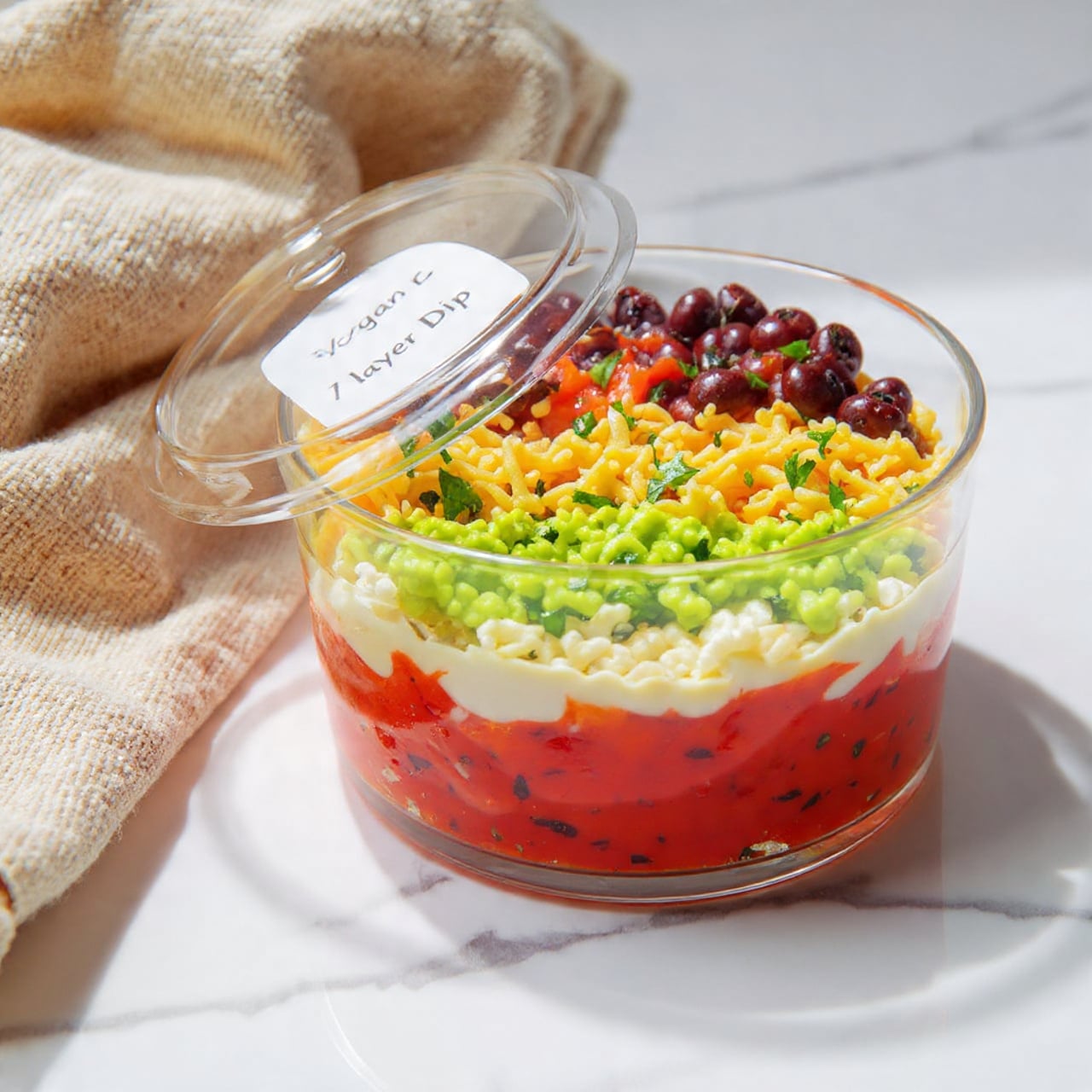 A clear round glass dish with a partially covered clear lid shows a colorful seven-layer vegan dip. The bottom layer is bright red, likely diced tomatoes or red pepper, topped with a green layer that looks like chopped green onions or herbs. Above that is a creamy white layer, then a yellowish shredded layer, possibly vegan cheese. The top layer is made of finely chopped dark brown mushrooms mixed with green leafy herbs, scattered unevenly. The dish sits on a white marbled surface next to a beige cloth. A small white label on the lid reads