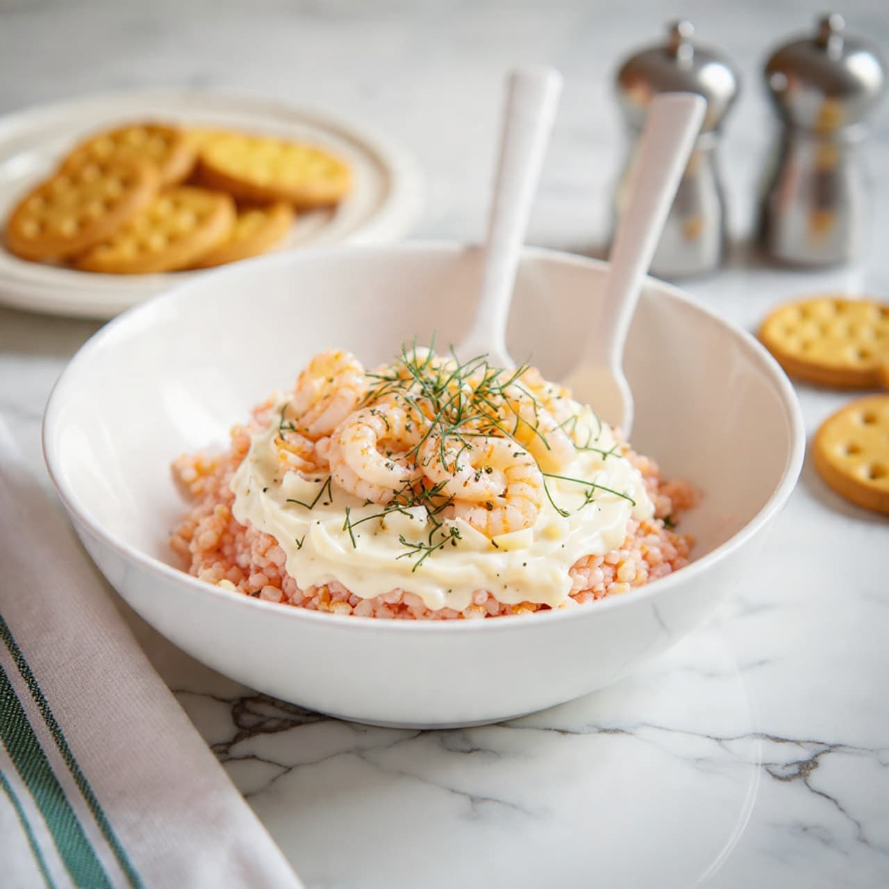 A white bowl filled with a layered salad consisting of creamy white dressing mixed with pink pieces of seafood and light pink shrimp scattered throughout. Small green dill sprigs are sprinkled on top for garnish. Two white forks rest on one side inside the bowl. The bowl is placed on a white marbled surface, surrounded by round crackers varying in light beige to golden brown color, along with two silver salt and pepper shakers in the top corner. A white towel with green stripes is partially visible beneath the bowl. Photo taken with an iphone --ar 4:5 --v 7