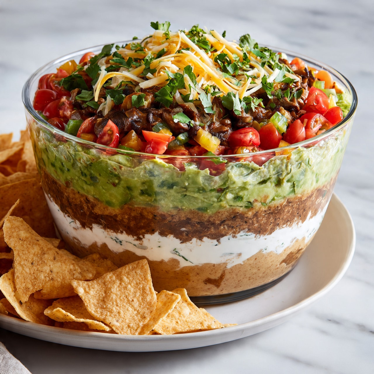 A clear glass bowl filled with a seven-layer dip placed on a white marbled surface. The bottom layer is a light brown refried beans texture, followed by a thick creamy white layer with specks of seasoning. Above that is a chunky green guacamole layer mixed with herbs, then a layer of finely diced red tomatoes. On top of the tomatoes is a small layer of shredded yellow and white cheese. The topmost layer consists of small, chopped black olives sprinkled with fresh green parsley leaves. To the right, a white speckled bowl holds triangular toasted tortilla chips. The scene is softly lit with a neutral gray background and a white cloth partially visible behind the bowl. Photo taken with an iphone --ar 4:5 --v 7