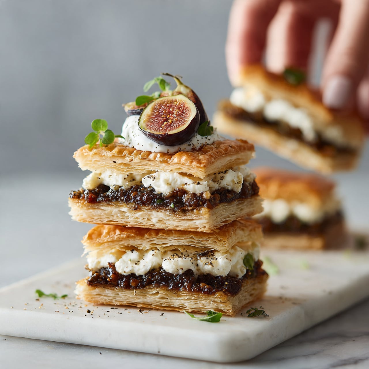 The image shows a stack of four thin, golden-brown puff pastry layers placed on a white rectangular plate with a white marbled surface in the background. Between the bottom and second layers, there is a dark, chunky filling with a rich texture. The third layer is topped with creamy white cheese spread evenly. On the top fourth layer, there is a small round slice of dark fig with seeds visible, sitting on a dollop of white cream or cheese, garnished with a small green herb and a sprinkle of black pepper. A woman's hand can be seen in the background holding another similar stack. Photo taken with an iphone --ar 4:5 --v 7